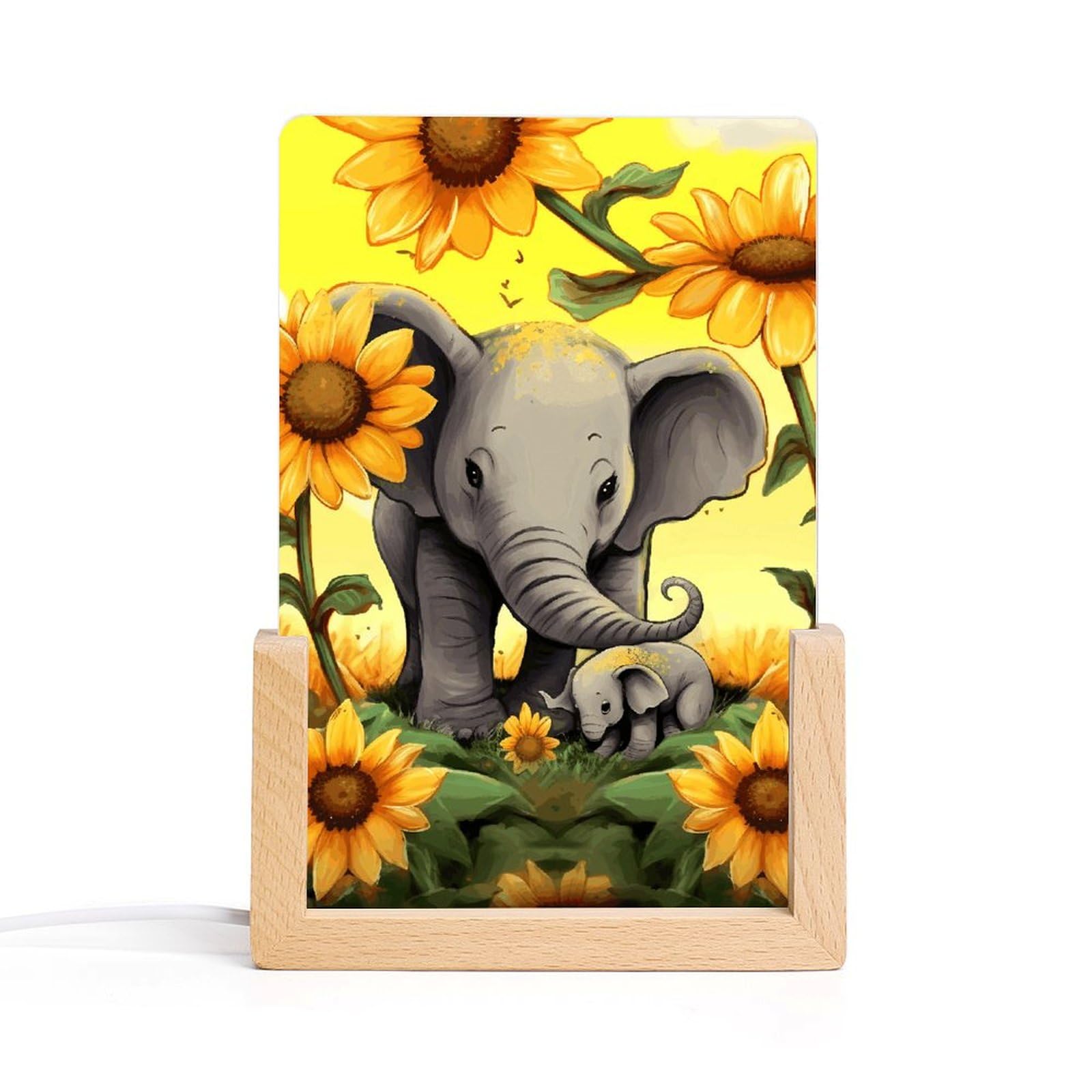 LYHVSFJW Mother Elephant Sunflowers Night Light LED Small Desk Lamp Acrylic Photo Frames Night Lights Decorative Sleep Nightlight USB Bedside Lamp for Living Room Bedrooms Offices