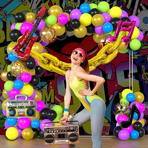 Miniatura 8 de Guirnalda de globos temáticos de los años 90 y 80, decoraciones de fiesta, morado, rosa, rojo, verde, amarillo, azul, negro, dorado, confeti,