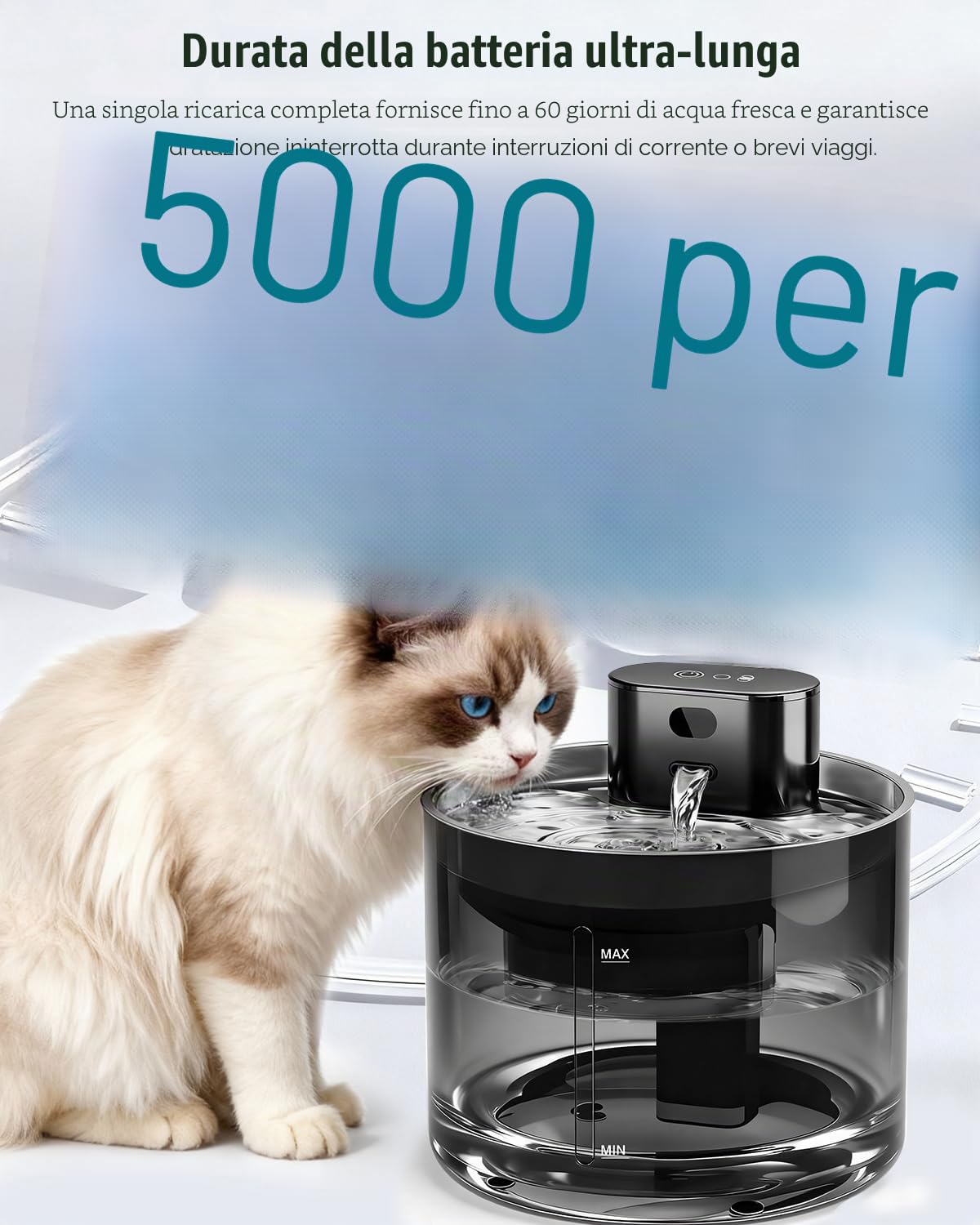 Fontana per Gatti senza Fili, 3.5L Fontanella per Gatti con Sensore di Movimento, con Pompa d'acqua Silenziosa, Alimentata da Batteria da 5000mAh, Fontana Gatto con Vassoio in Acciaio Inox