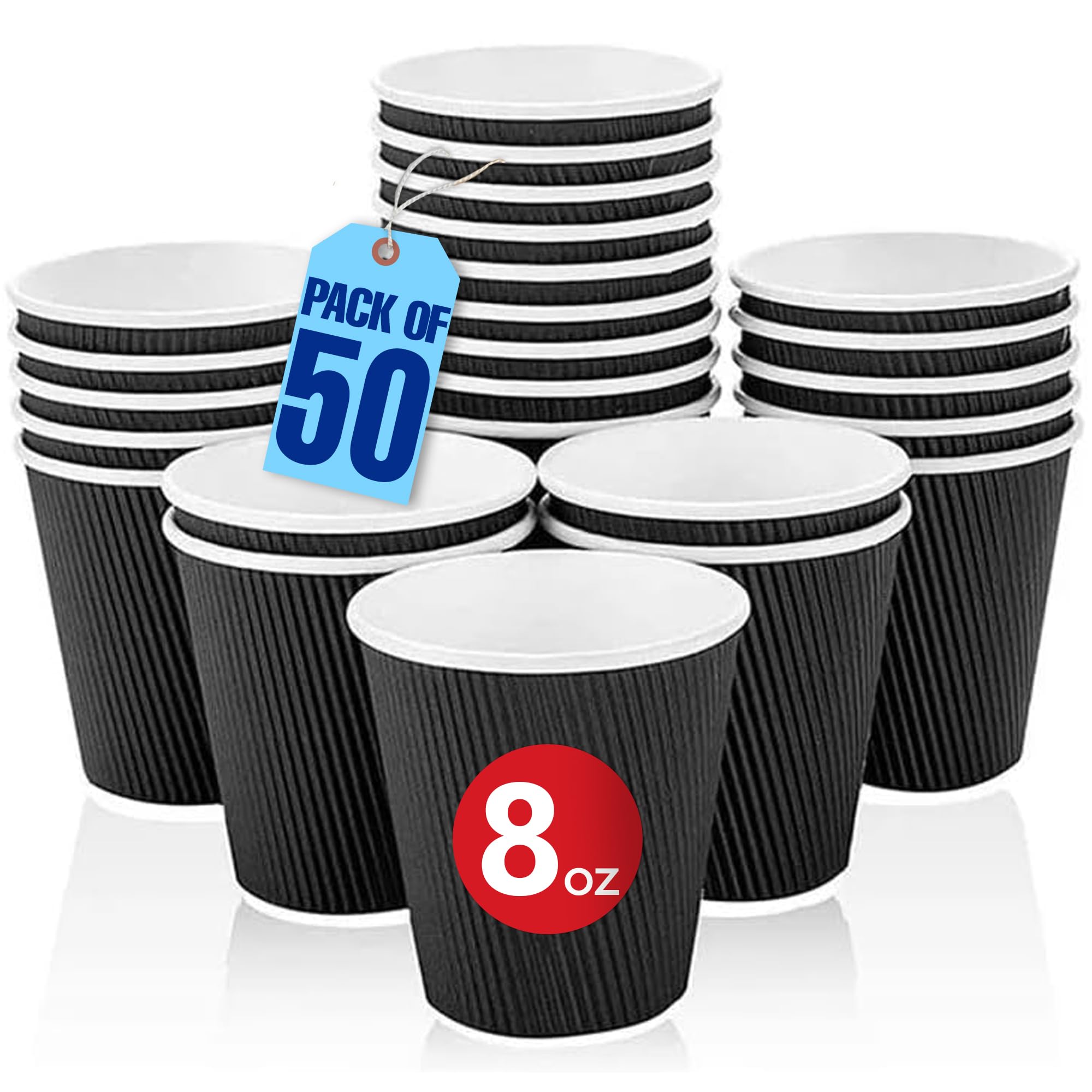 MARKQ [Set of 50] [8 Oz] Black Disposable Coffee & Tea Cups - Hot Beverage Corrugated Tripple Wall Disposable Paper Cups - Eco-Friendly