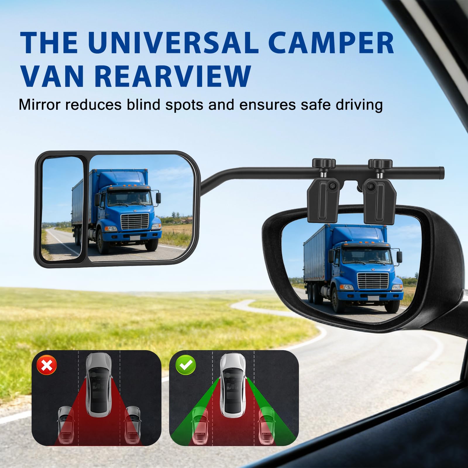 Universal Caravan Towing Mirrors Pair - Adjustable Wing Mirror Extensions with Clamps & Straps for Cars, 4x4s, Motorhomes - Eliminate Blind Spots (Style C) — view 6