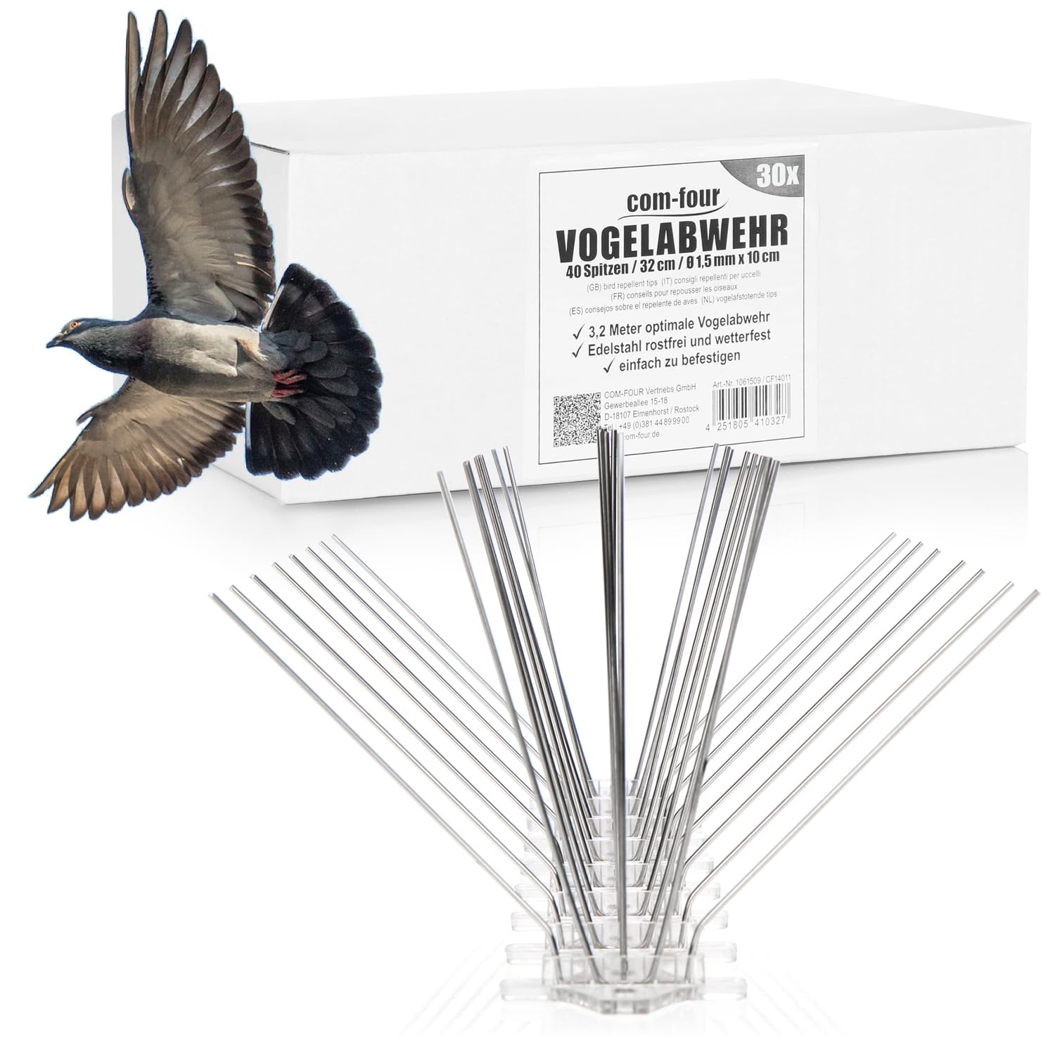 com-four® 9.6 meter premium pigeon repellent spikes 5-row - stainless steel 304, rust-proof and durable - 30 x 32 cm fully assembled, divisible - bird repellent