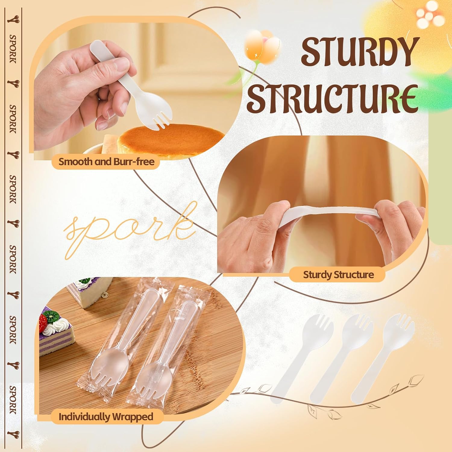 100Pcs Mini Clear Plastic Sporks, 4.2 Inch Individually Wrapped Spoon Fork Combo, Disposable Utensils for Desserts, Appetizers, Parties, Office Snacks, Restaurants, Catering & To-Go Use