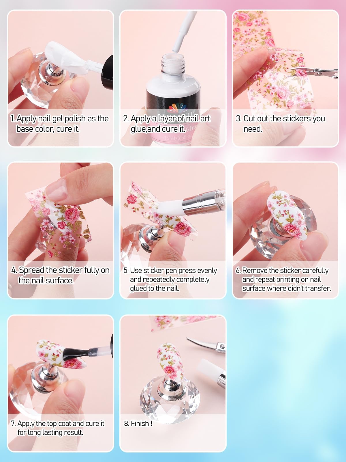 EBANKU Set di colla e gel per nail art, 30 ml di colla per unghie con 80 adesivi transfer a forma di fiore, farfalla e pizzo classico per manicure fai da te o salone, lampada UV LED necessaria
