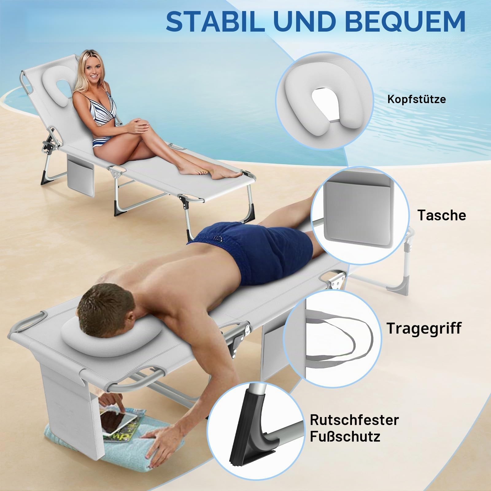 Sonnenliege mit Gesichtsöffnung,Klappbare Gartenliege,Liegestuhl mit U-Kissen&3-Fach Verstellbarer Rückenlehne,Gartenstuhl,Strandliege,Relaxliege Faltbar für Sonnenbaden,Strand,Garten,Camping,Hellgrau