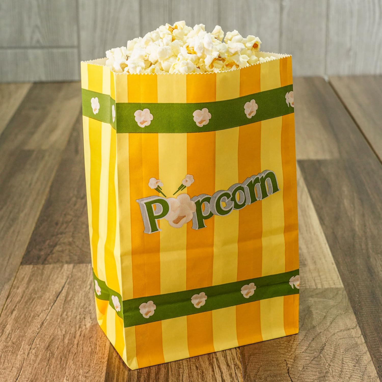 Popcorn Bags, 85 oz Capacity, Yellow Striped Design with Green Accents, 500 Count