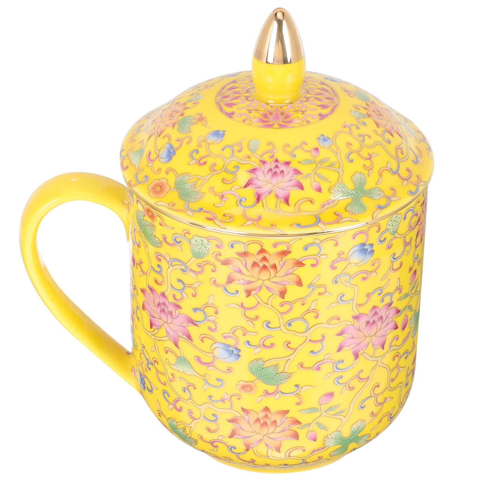 Keramik Teetasse mit Deckel und Sieb in Gelb Klassische Chinesische Teetasse Geeignet für Büro und Teehäuser Stilvoller Retro Teebecher