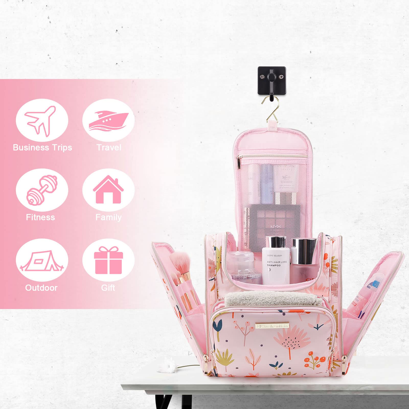 Bolsas de Aseo para Mujeres y Niñas, Lychii Neceser de Viaje con Colgar Gancho, Impermeable Organizador de Cosméticos - Floral