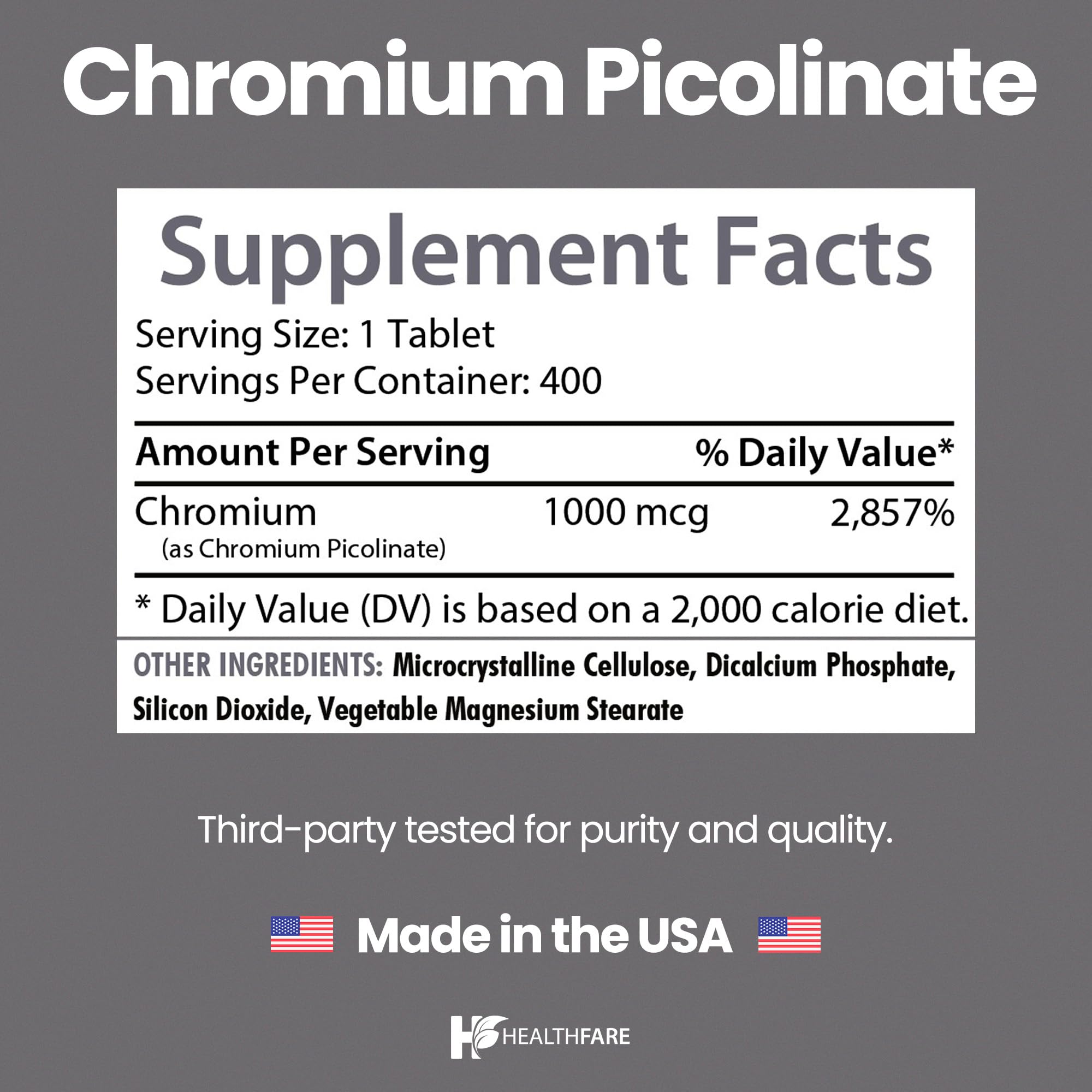 HealthFare Chromium Picolinate 1000mcg | 400 Vegan Tablets | High Absorption Mineral Supplement | Supports Healthy Sugar Metabolism & Nutrient Absorption | Non-GMO, Gluten-Free | Made in USA — Amazon image 3