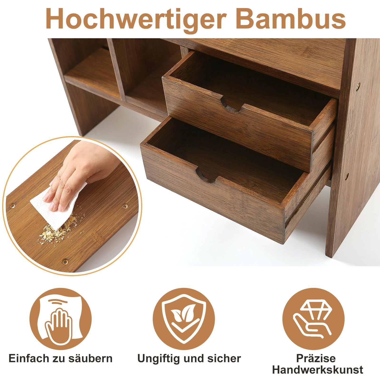 GUUSII HOME Bücherregal Klein Holz Schreibtischregal Verstellbare Tisch Regal Schreibtisch Organizer Ausbaufähig für Bücher Bürobedarf Büro Schreibtischaufsatz Bambus Tischregal Küche (Braun)