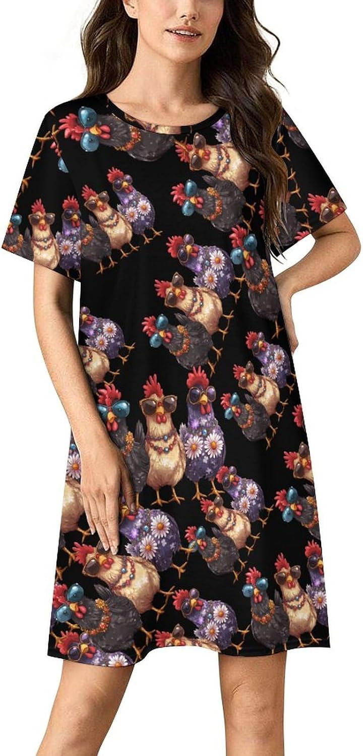 Three Hens Rooster Glasses Women's Nightgowns Short Sleeve Night Shirts Sleepwear Soft Sleep Dress Pajamas