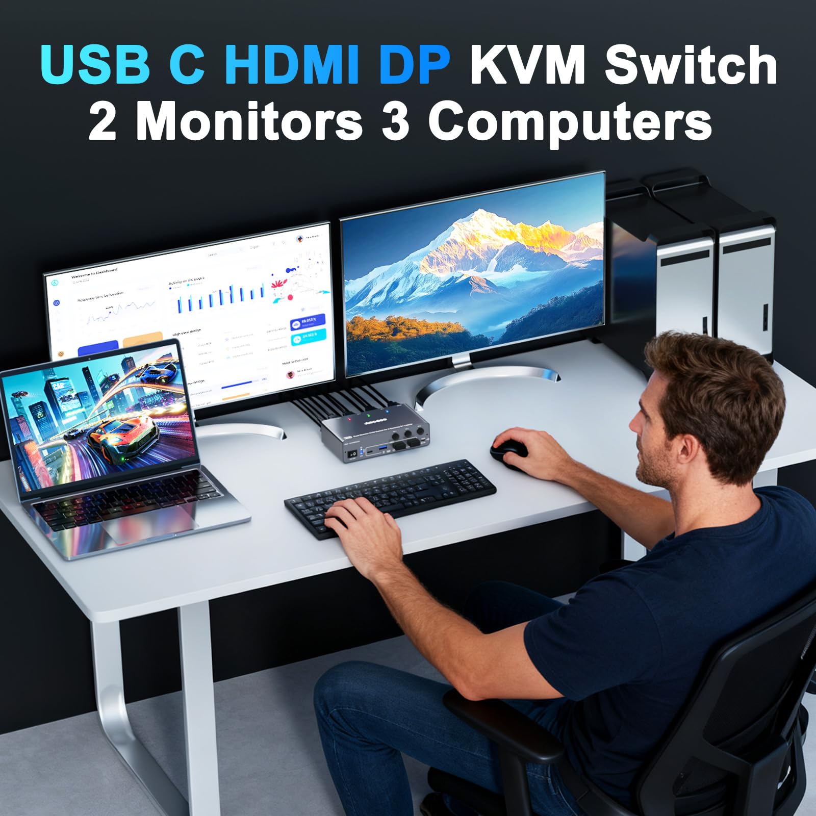 USB C KVM Switch 4K@60Hz, Dual Monitore KVM Switch für 2 PC und 1 Laptop mit EDIDEmulation,4 USB 3.0 Häfen, PD Stromversorgung für Laptop, Kabelfernbedienung, USB Kabel im Lieferumfang enthalten