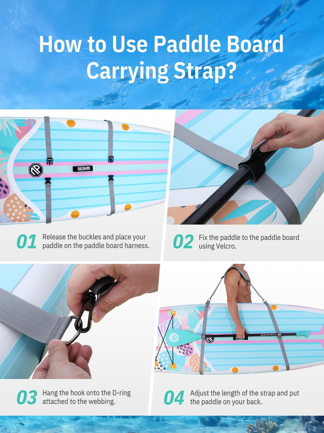 Niphean SUP Tragegurt, Stand up Paddle Zubehör für Paddle Board, Freihändig Verstellbarer SUP Schultergurt für Stand Up Paddling Board, Kayak, Surfbrett Tragegurt mit Gepolsterter Schulterauflage