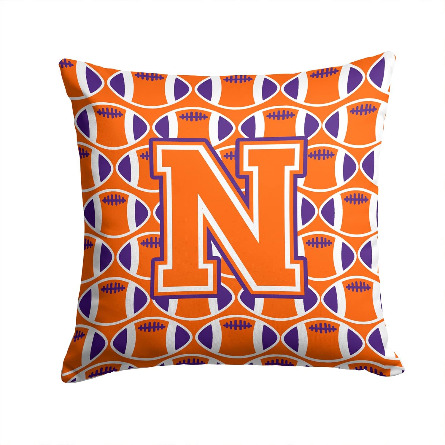 Caroline's Treasures CJ1072-NPW1414 Letter N Football Orange, White and Regalia Fabric Decorative Pillow 100% Machine Washable Pillow, Indoor or Outdoor Decorative Throw Pillow for Couch, Bed or Patio