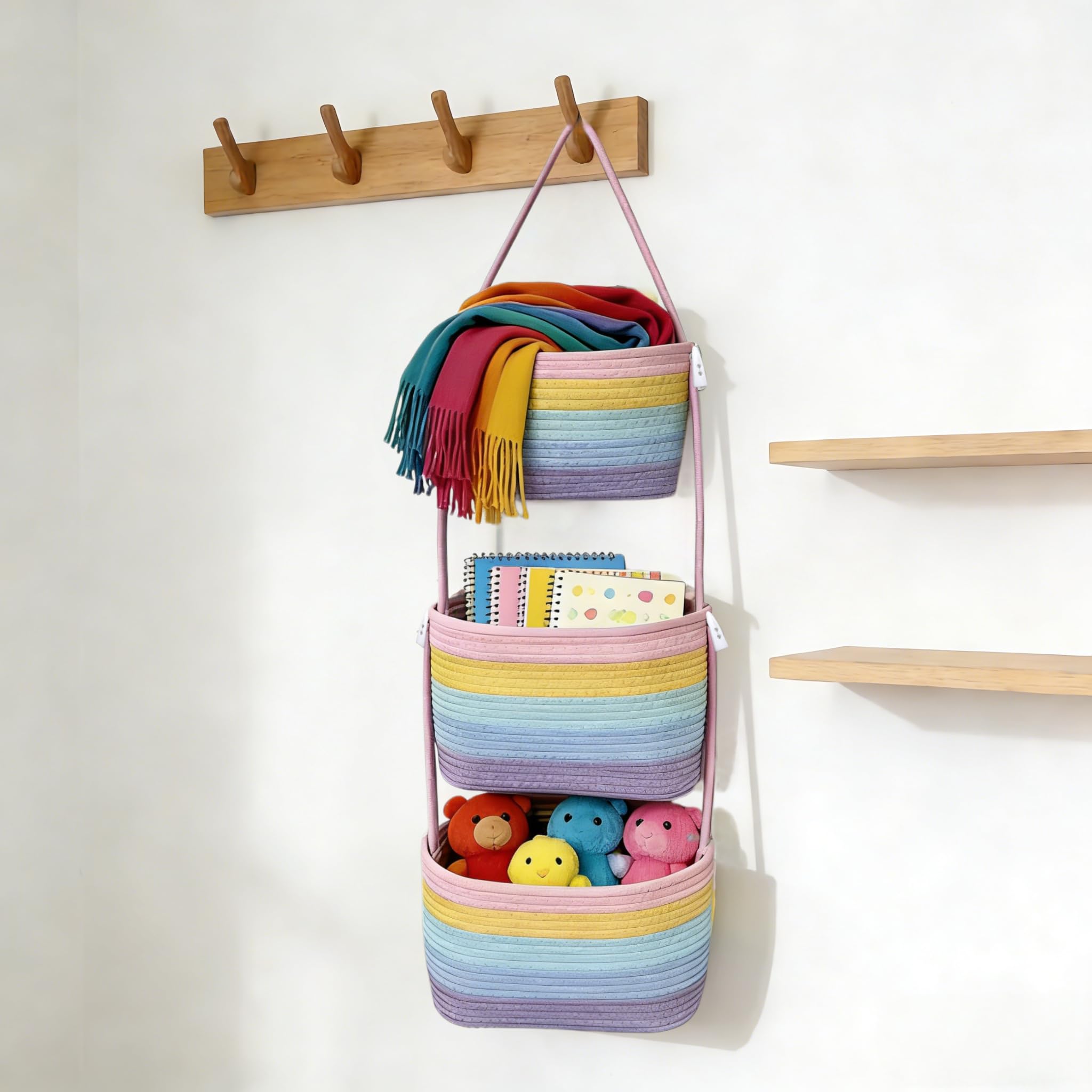 Uwenkjie 3-Tier Cotton Rope Hanging Basket, Multicoloured Rainbow Stripes, Wall or Door Mounted Storage Organiser, Detachable