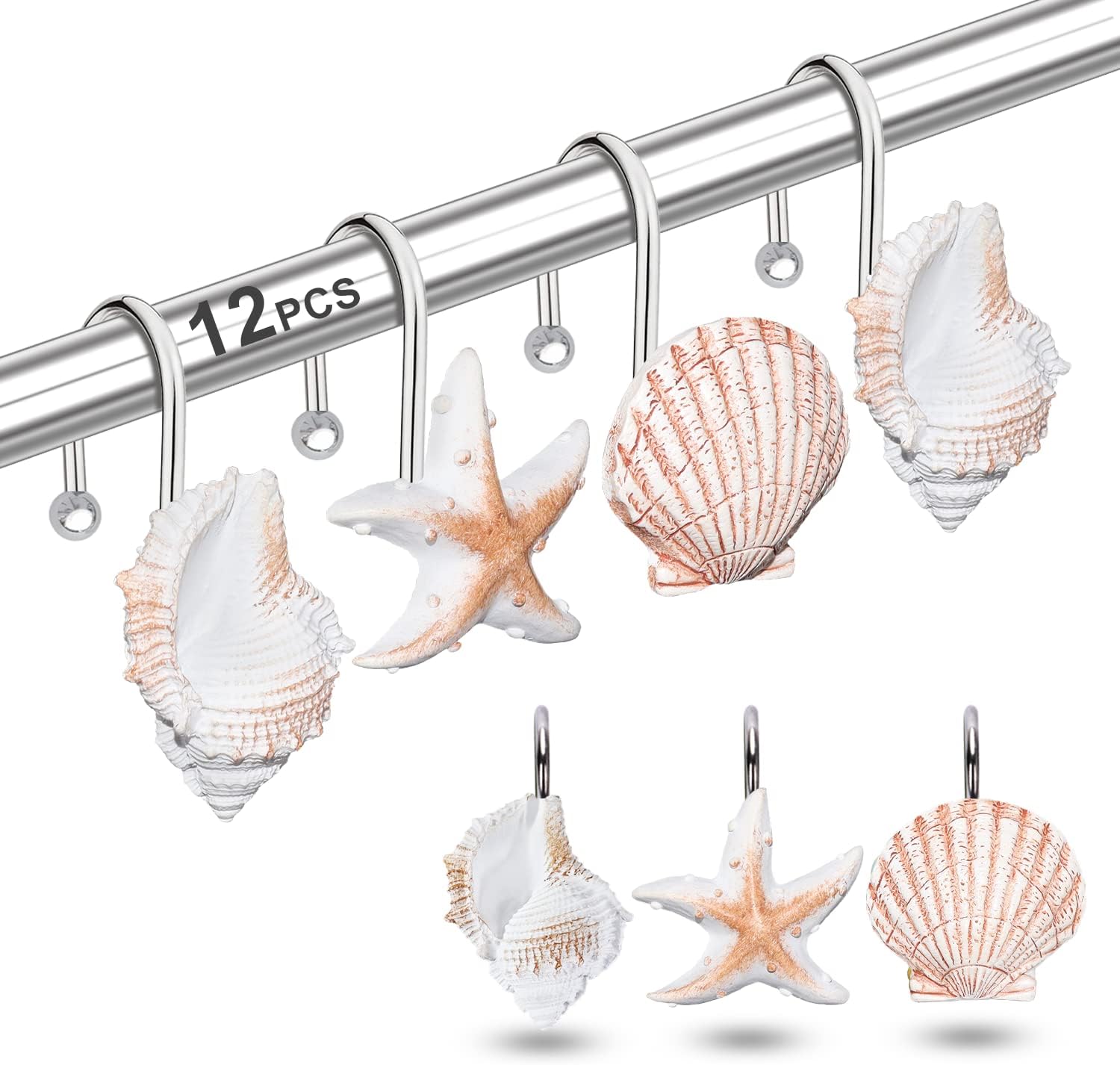 Shower Curtain Hooks Rings, 12PCS Anti Rust Seashell