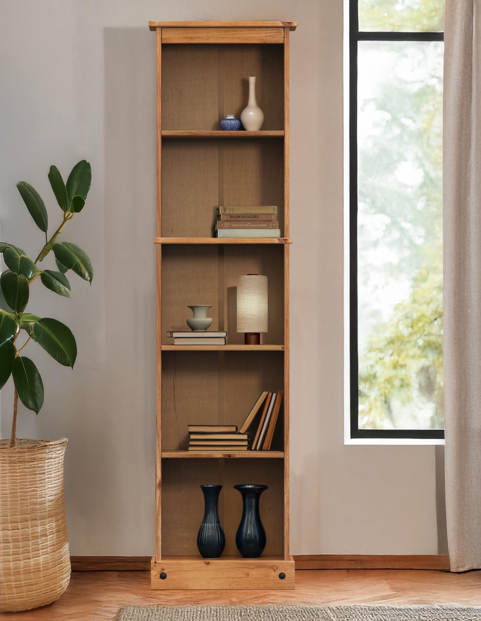 Corona Furniture Tall Narrow Bookcase Solid Wood Pine Wooden Shelving Unit Slim Shallow Book Shelf Mexican Style Office Hallway Lounge Living Room Bedroom 176cm High 46cm Wide 20cm Deep