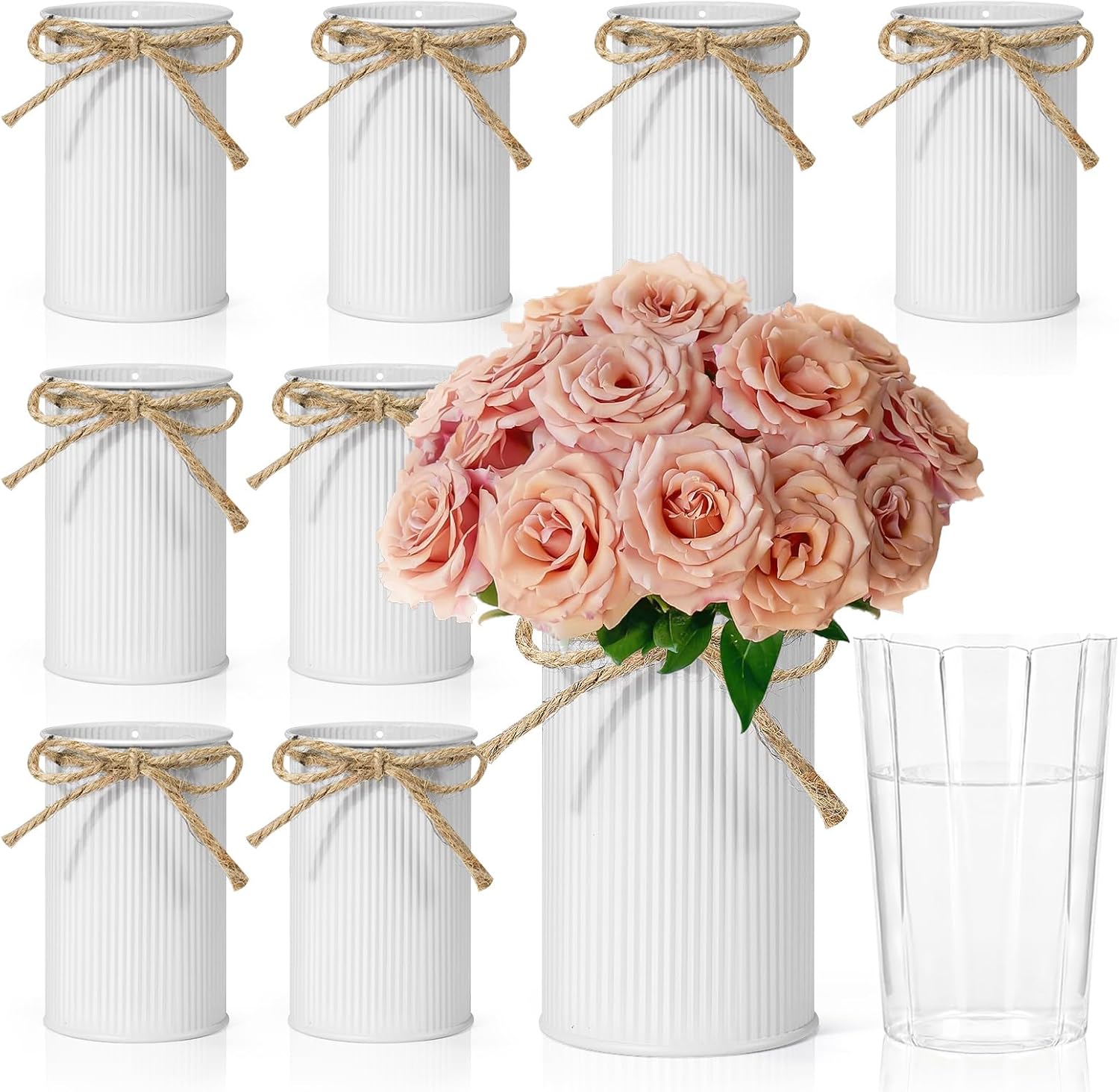 8 Pcs 4.33 Inch Small White Rustic Metal Vases Bulk with Twine Bow, Rustic White Galvanized Mason Jars Vases for Flowers, Vintage Farmhouse Cylinder Vases for Centerpieces-with Water Holder