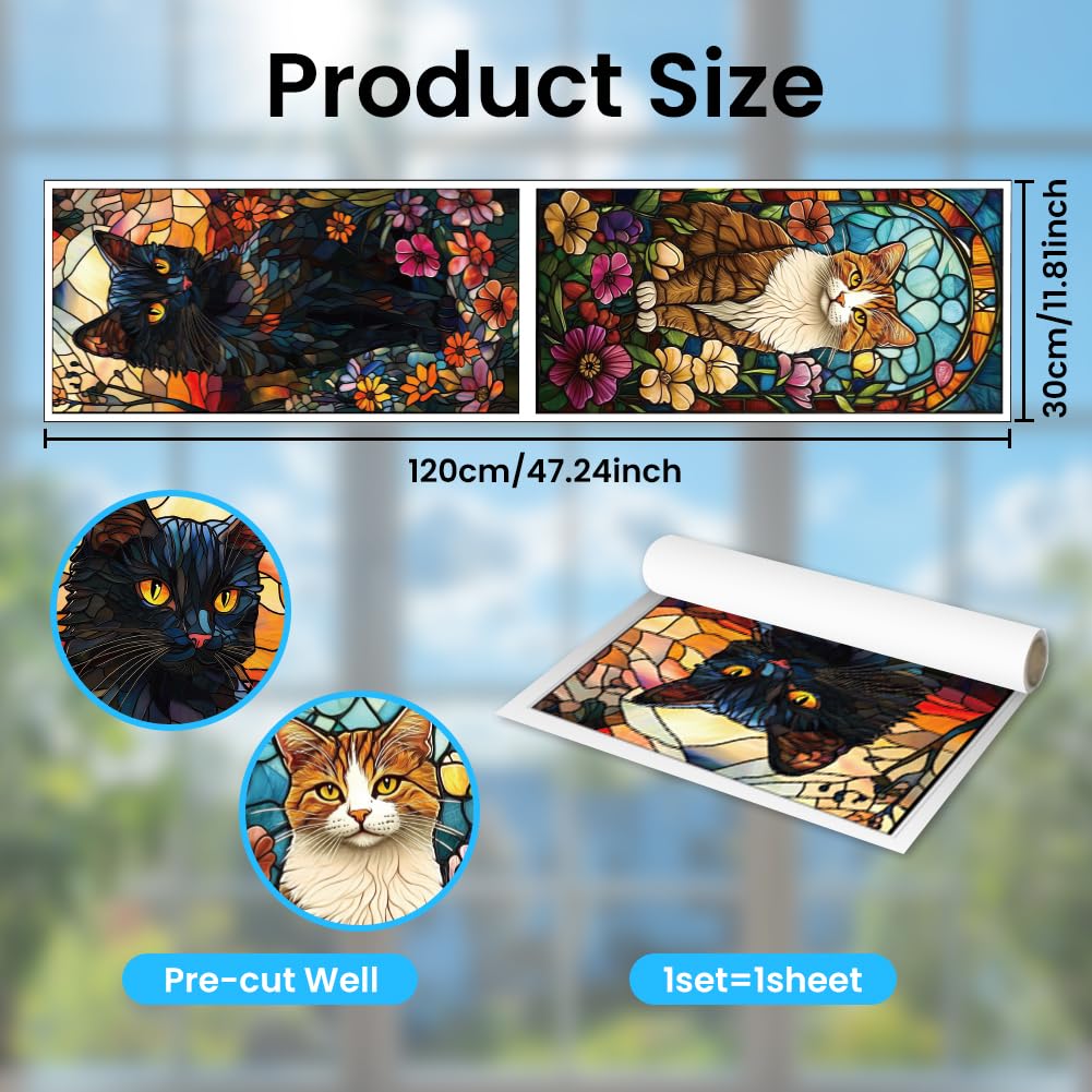 ANATTASOUL Adesivi Statici per Finestre Grandi Gatto Nero e Gatto Arancione Adesivi Riutilizzabili per Finestre in Vetro, 120 cm x 30 cm Adesivi per Finestre Rimovibili Bifacciali per Decorazione di