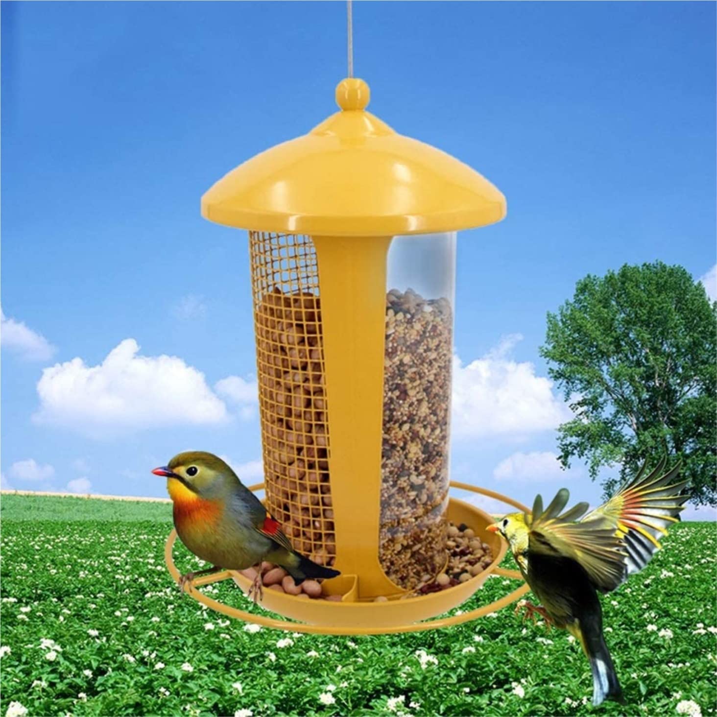 Vogel Futterhaus Hängender Vogelfutterspender Für Haustiere Im Freien Mit Dach Und Tablett Für Gartendekorationen Garten Deko(Yellow)