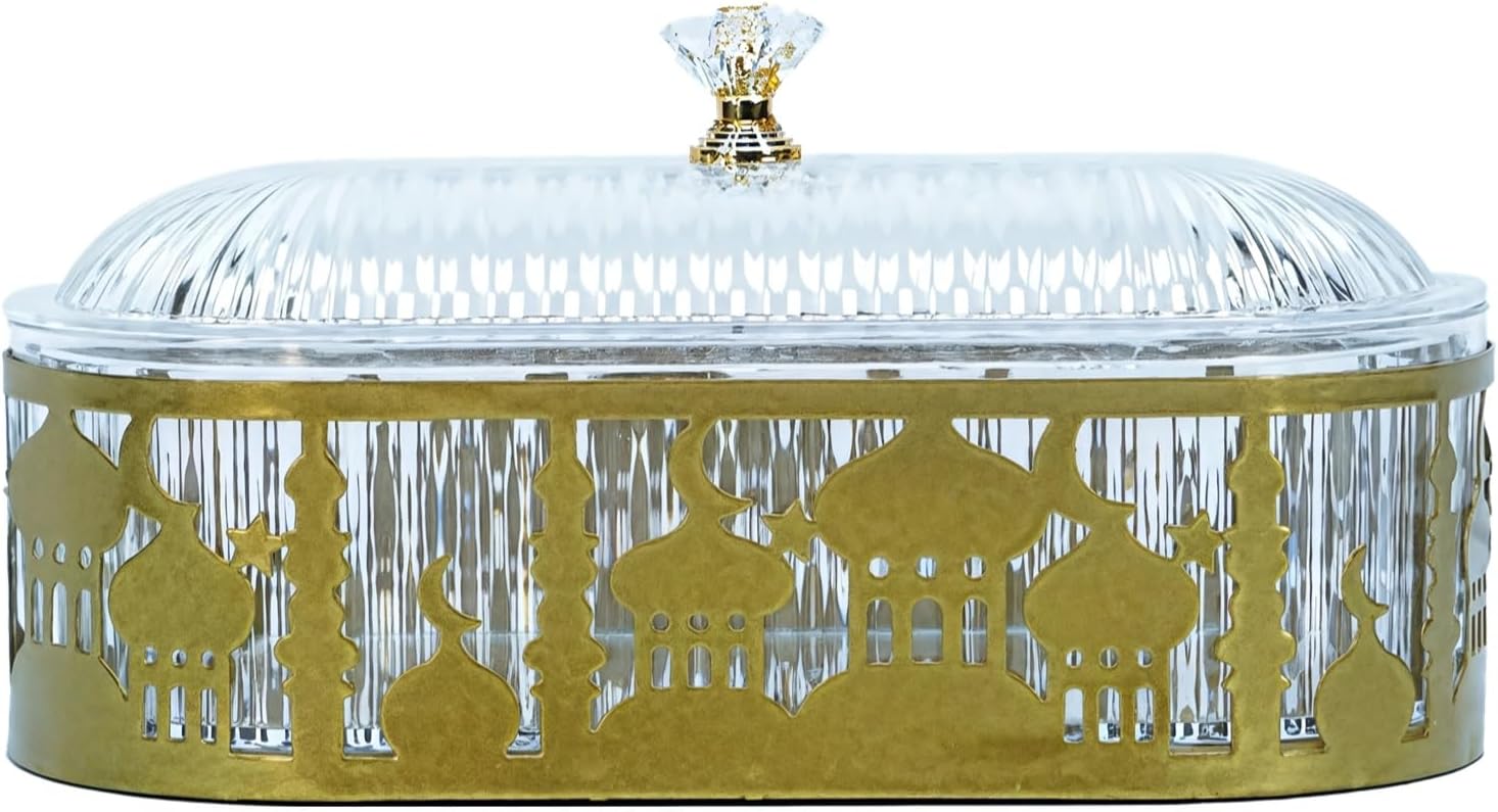 2 Set Ramadan Serving Tray, Crystal Handle Glass Box, Gold Metal Base, Musical Pattern, Eid Table Decor
