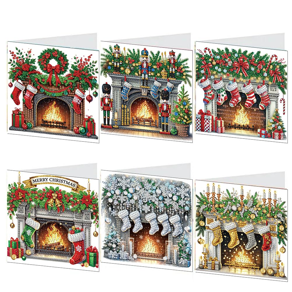 6 Pcs Christmas Diamond Painting Greeting Card Set, DIY Diamond Art Painting Cards, Folding Greeting Card Crafts - Christmas Elements, Mosaic Handmade Creative Postcards