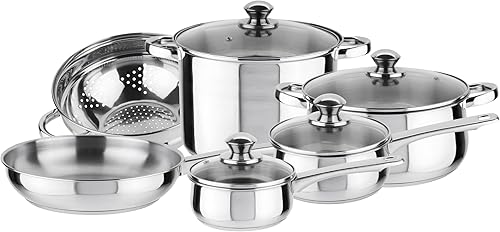 MAGEFESA Vesta - Juego de utensilios de cocina de 10 piezas, hechos de acero inoxidable, fáciles de limpiar y aptos para lavavajillas, asas de metal