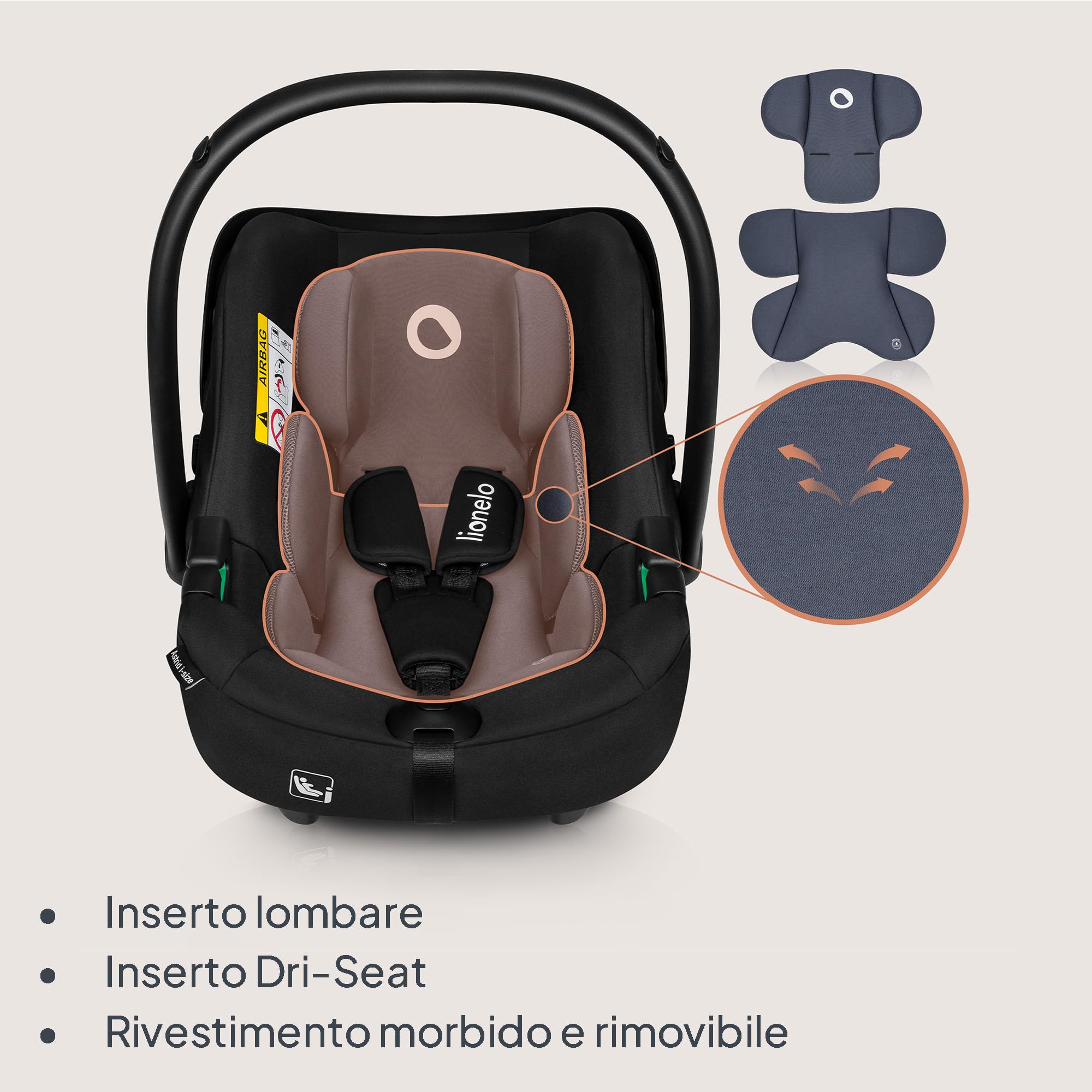 LIONELO ASTRID i-Size Seggiolino Auto Neonati 40-87cm Ovetto gr 0+ Montaggio rivolto all'indietro, Cintura di sicurezza a 3punti Protezione laterale Inserto Dri-Seat