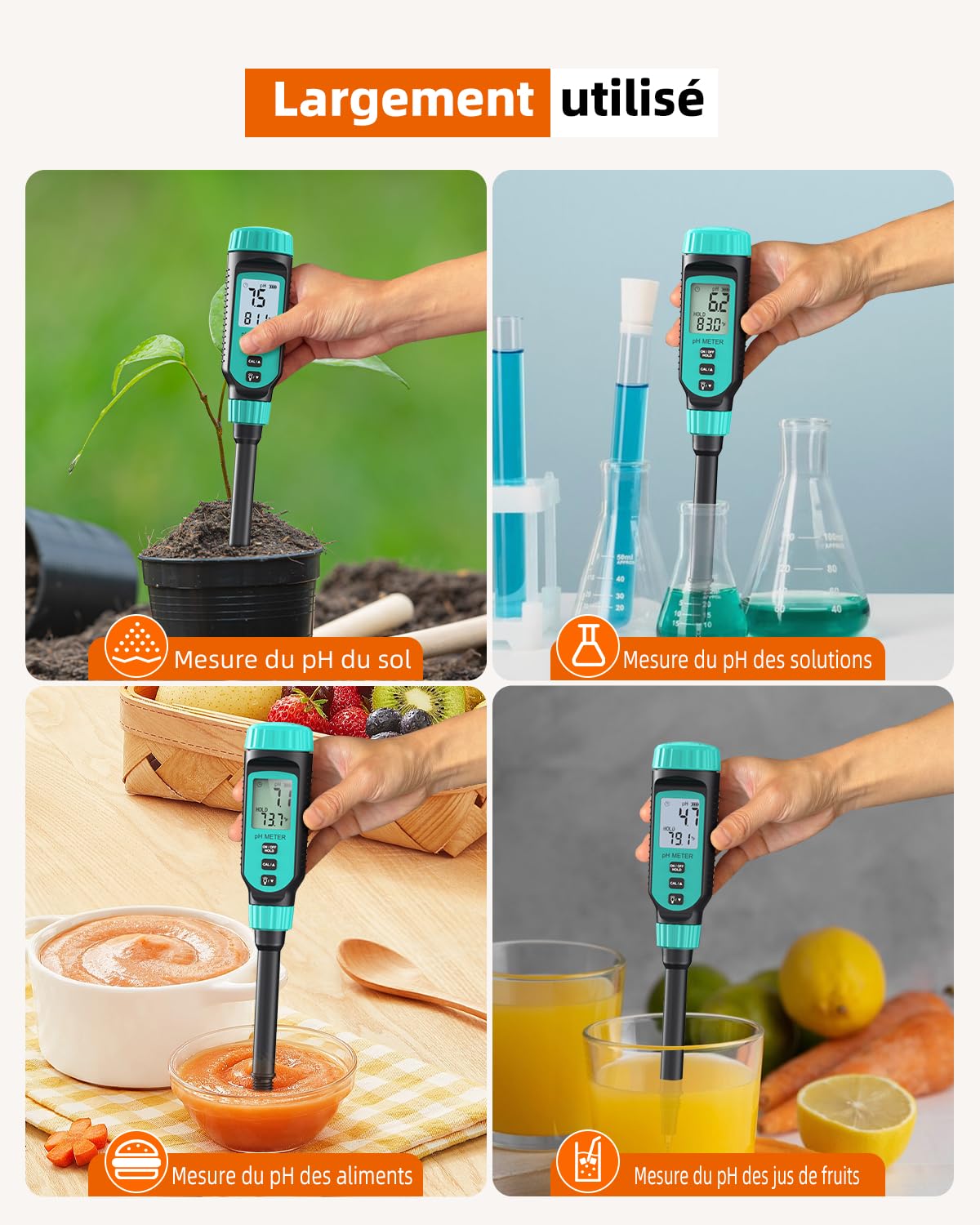 Tadeto pH Mètre pour Sol, kit de test de pH Nnumérique pour le sSol, le Jardin, l'eau, les Solutions et les Aaliments avec Couvercle de Protection en Alliage et Affichage LCD