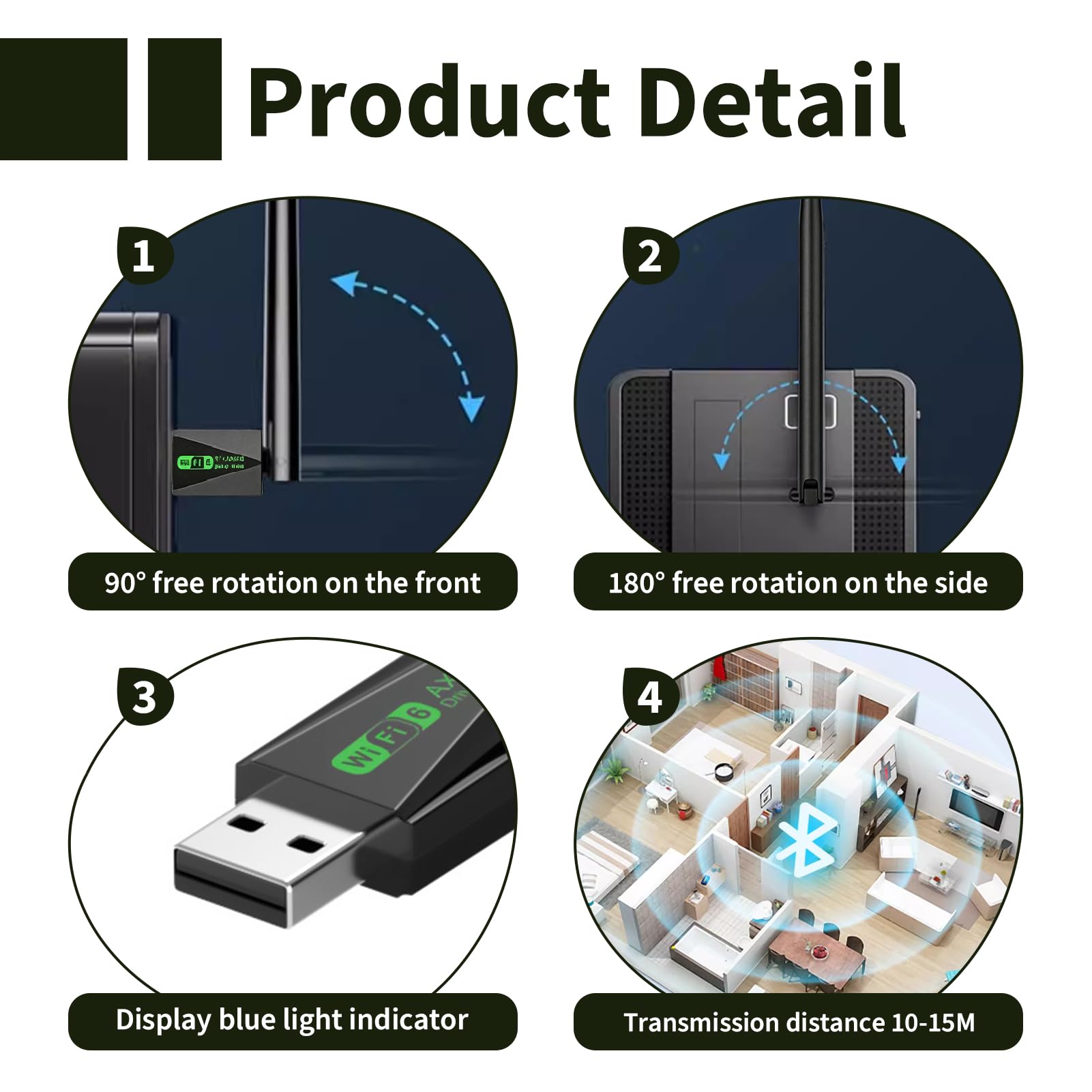 WLAN-Antenne, USB, WLAN-Stick, 6 AX900 USB mit Bluetooth 5.4, WLAN-Adapter, Dual Band 2,4 GHz, 5 GHz, bis zu 900 Mbps, WLAN-Dongle mit 6dBi-Antenne, niedrige Latenz, AP-Modus, kompatibel mit Windows