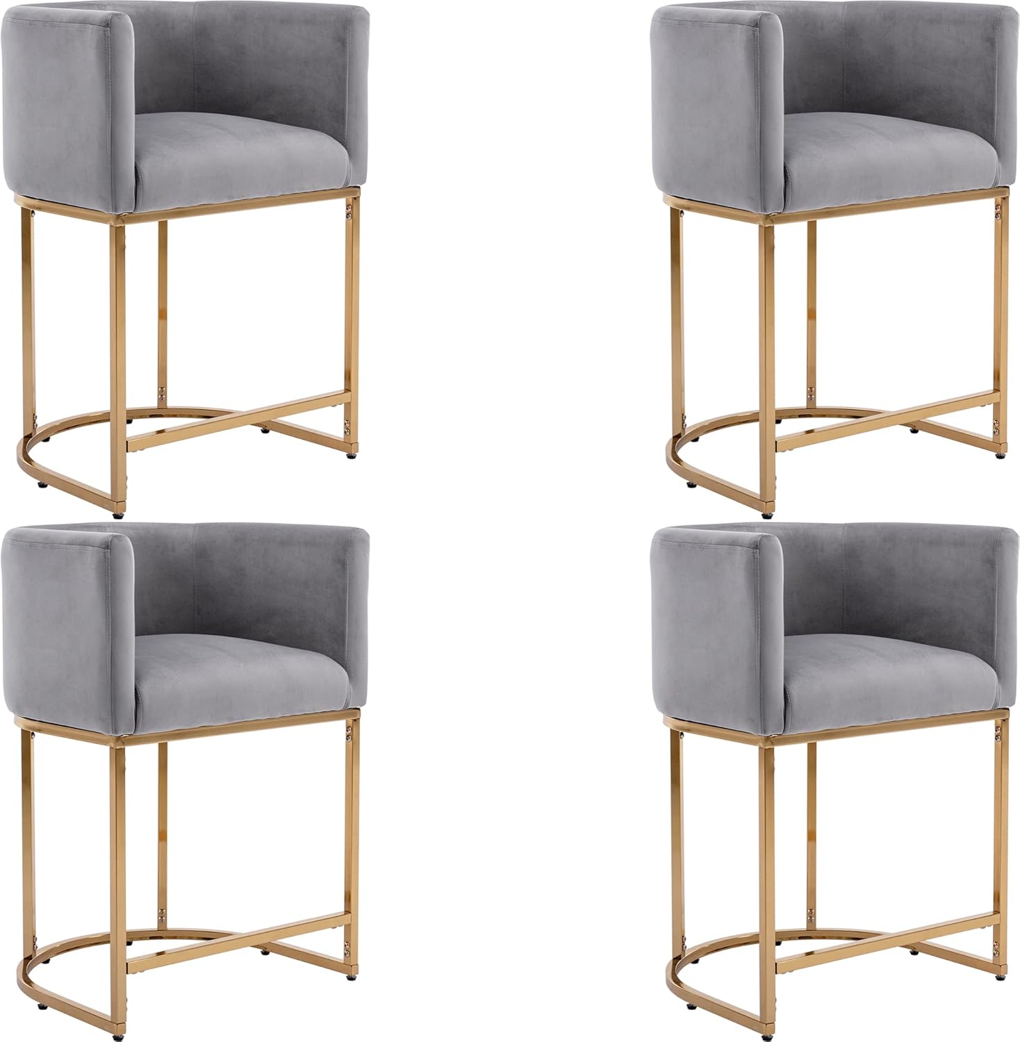 Modern Bar Stools Set of 4, 24" Velvet Upholstered Counter Height Kitchen Island Stools Bar Chairs with Golden Metal Frame, Grey