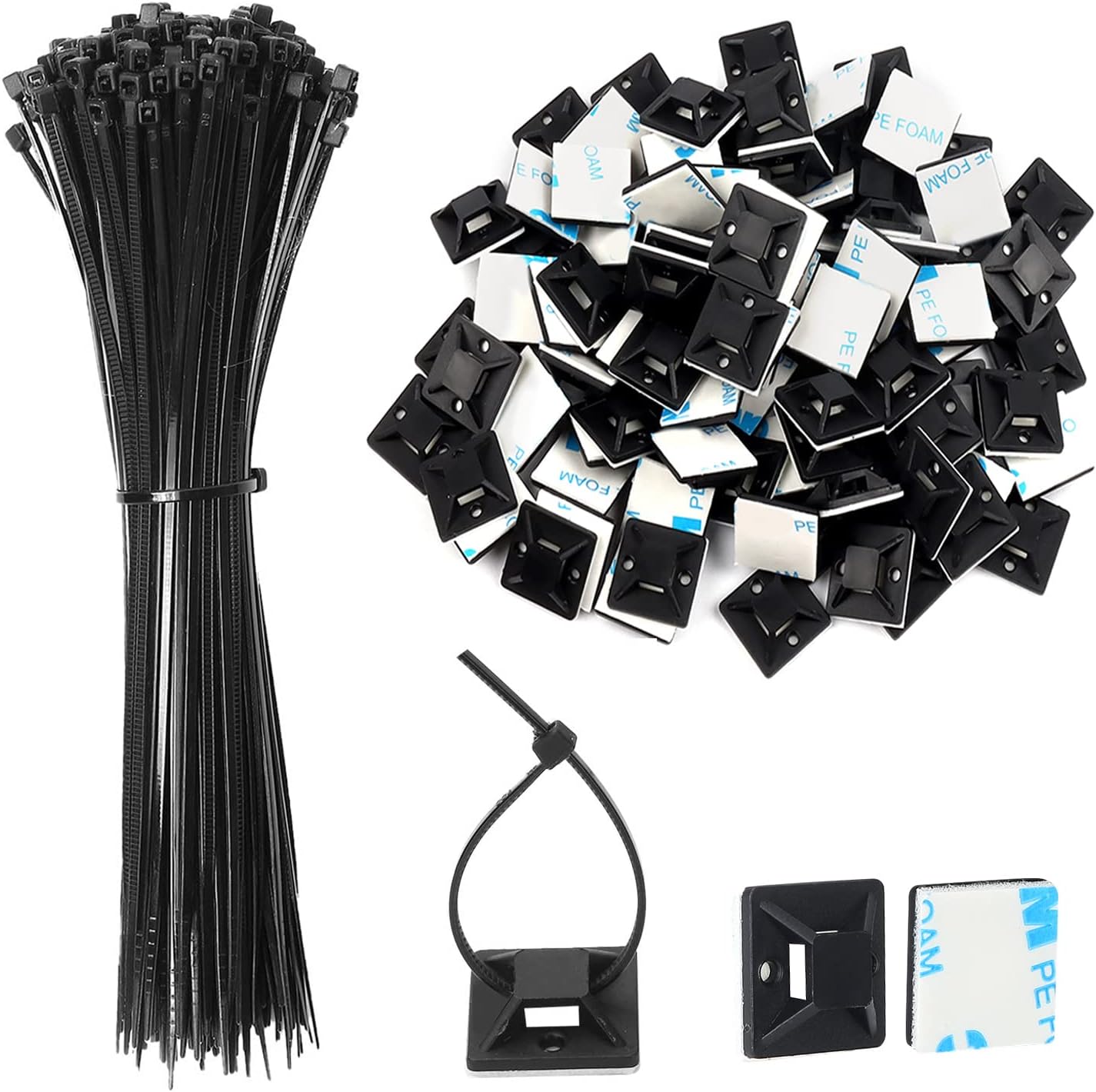 JatilEr 200 Pcs Cable Tie Base Self Adhesive Cable Tie Mounts with Multi-Purpose Zip Tie, Cable Holder Clips Sticky Cable Tie Pads-Black (100 x Ties Length 150 mm, 100 x Base Width 18 mm)