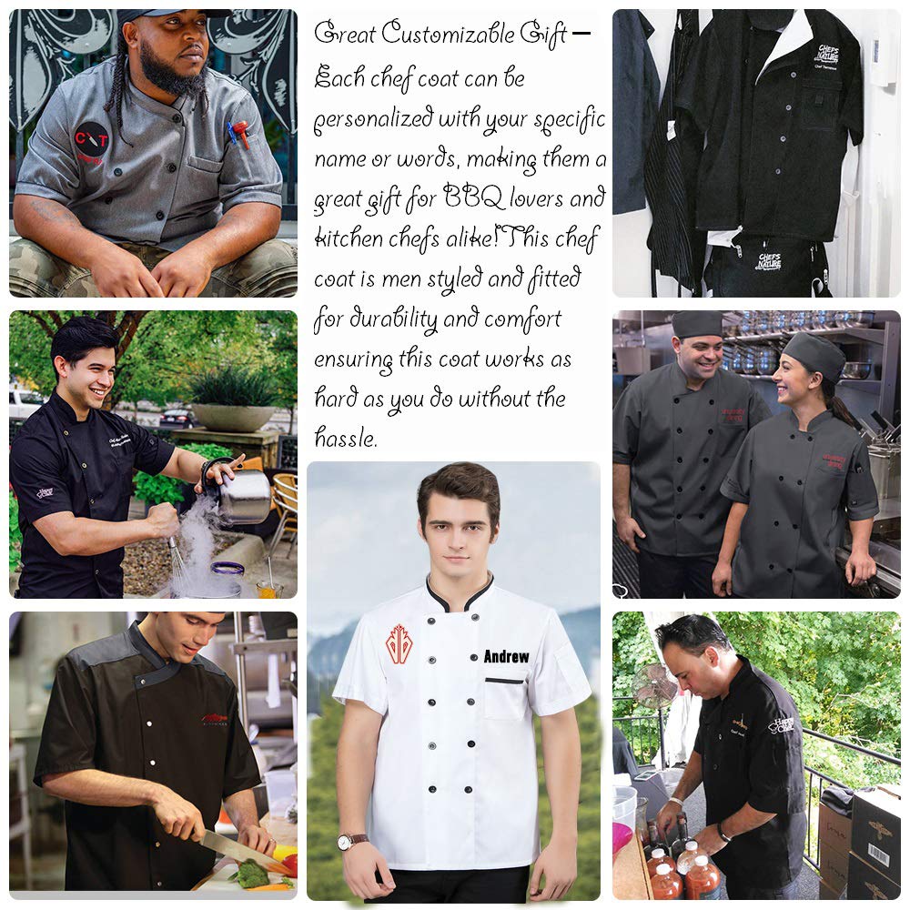 Personalized Chef Jacket Unisex Chef Coat Customized Kitchen Short/Long Sheeve Chef Jacket for Men and Women?Black-short S