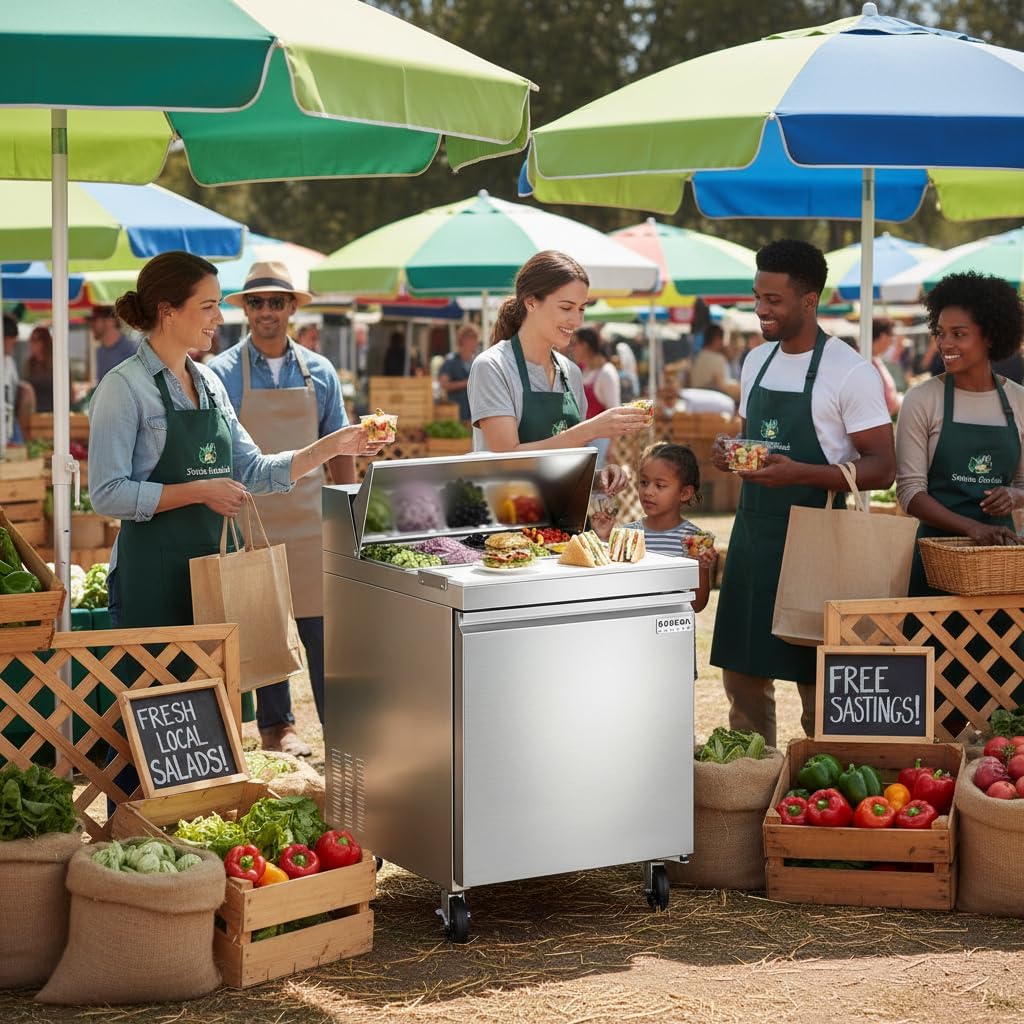 BODEGACOOLER 27" W Sandwich Prep Table Refrigerator, 8.03 Cu.Ft Pizza Prep Table, Commercial Salad Bar with Single Stainless Steel Door, 8*1/6 Pans, Cutting Board for Restaurant,Home,Cafe,Bakery