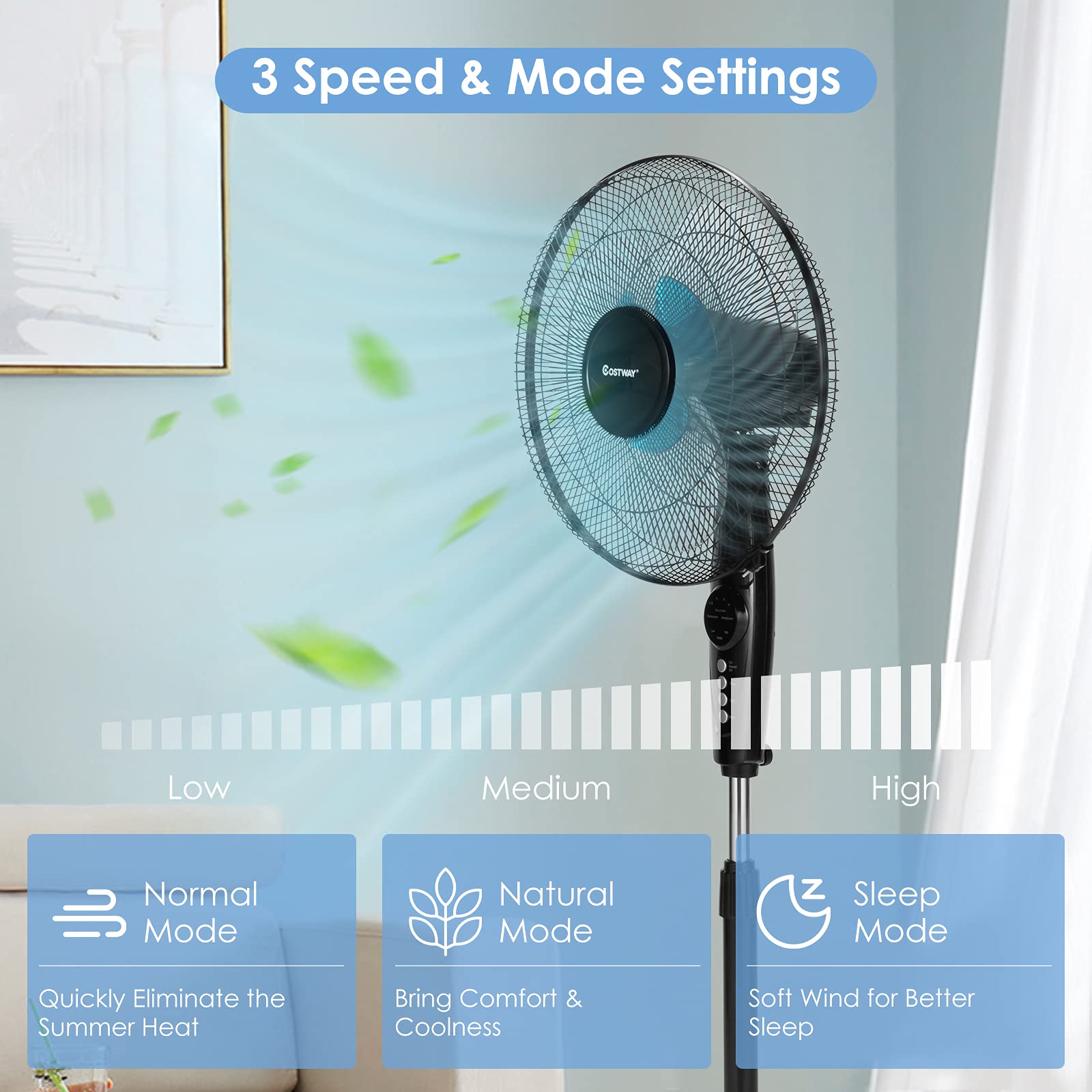 COSTWAY Pedestal Fan, 16-Inch Adjustable Height Fan, 3-Speed Digital Control, Timer, LCD Display, Double Blades, Remote Control, Quiet Oscillating Stand Fan for Home, Office, Bedroom