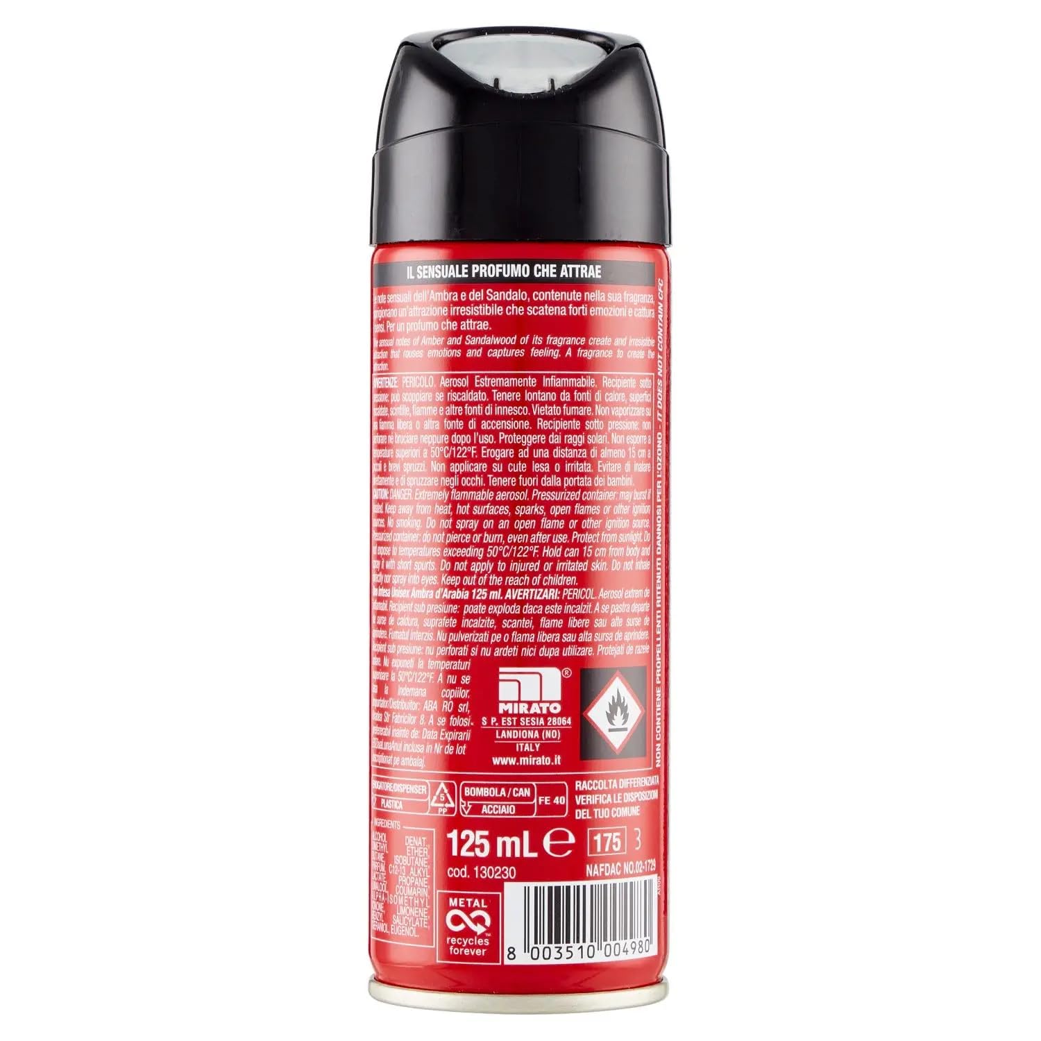 12x Intesa Deodorante Sex Unisex Ambra d'Arabia - Deodorant Deo Spray 125ml + Beni Culinari Kostenloser Schlüsselanhänger