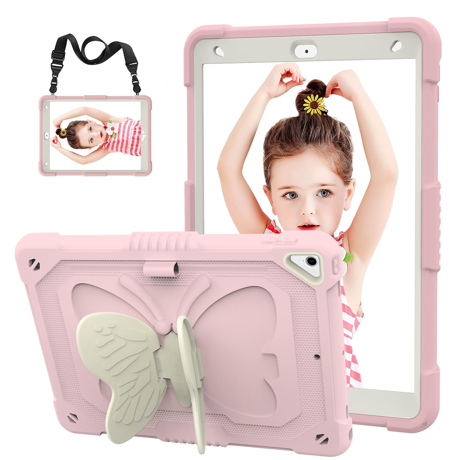 HOGENL iPad 9th 8th 7th Generation Case for Kids Girl with Pencil Holder, iPad 10.2 Case with Butterfly Stand Shoulder Strap Shockproof Full Body Protective Cover for iPad Air 3rd Gen, Pink
