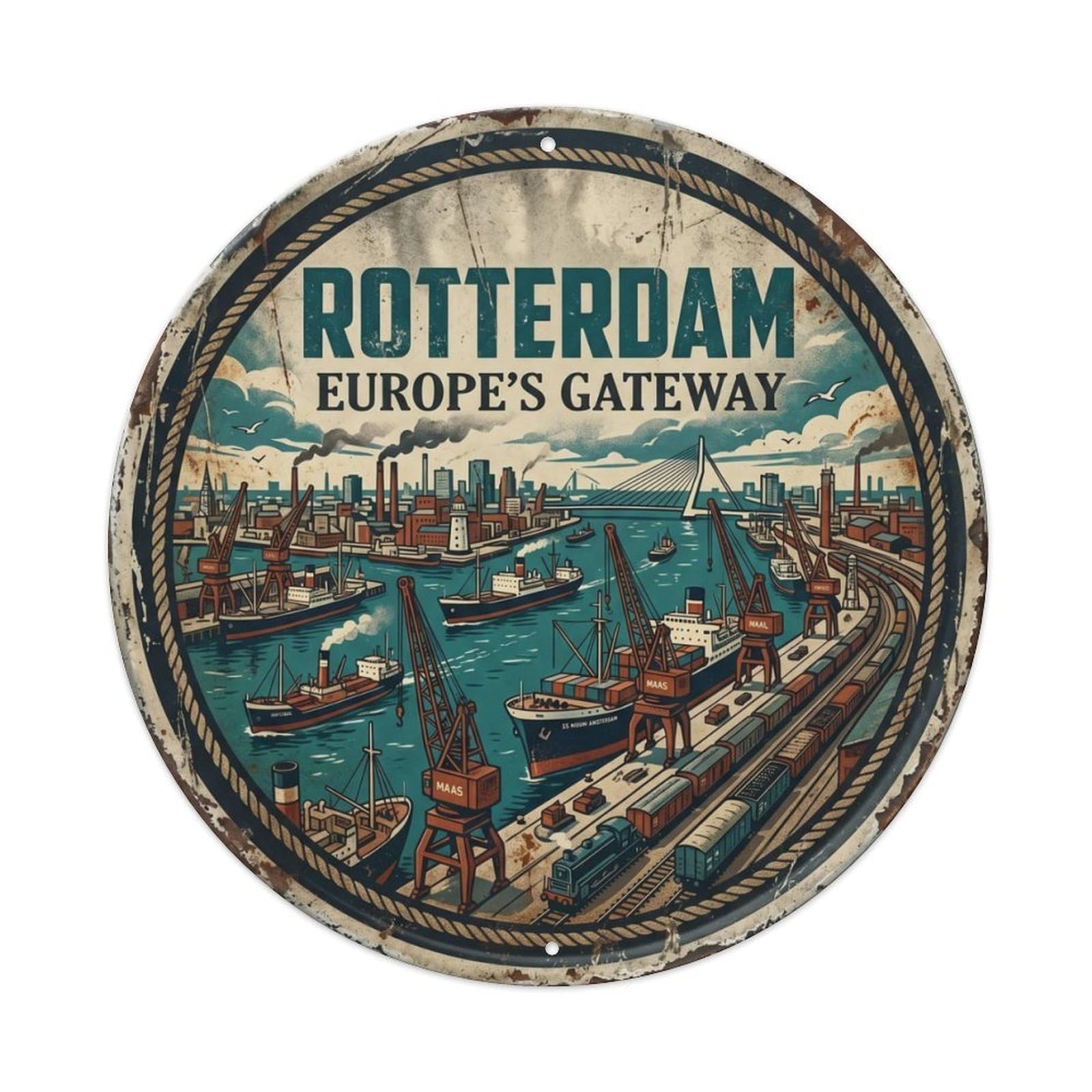 Vintage Travel Rotterdam Harbor Gateway Metal Tin Sign Plaque Wall Decor for Cafe, Club Bar, Office, Home Garden Round Metal Poster 8x8Inch
