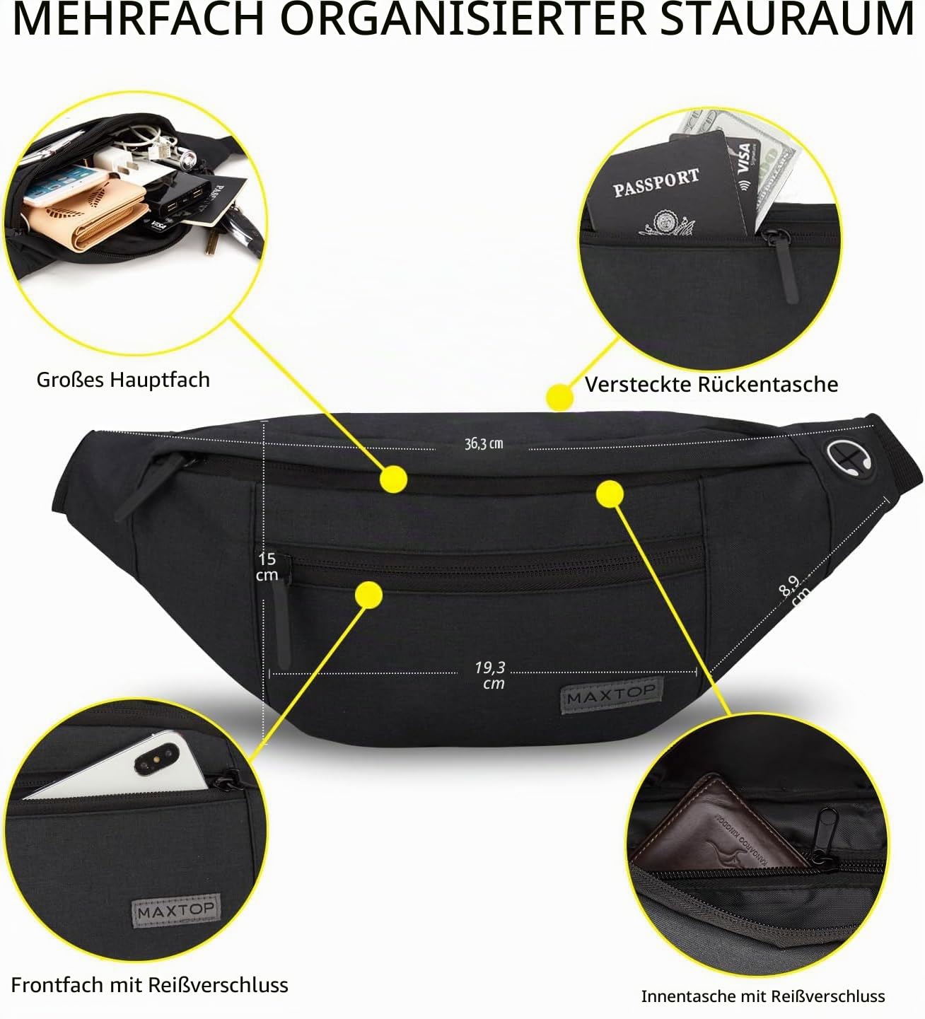 MAXTOP Bauchtasche Gürteltasche für Damen und Herren Hüfttasche Outdoor Groß Handytasche Sport Wasserdicht Laufgürtel Umhängetasche Geldgürtel für Camping Wandern Fitness Fahrrad Geschenke