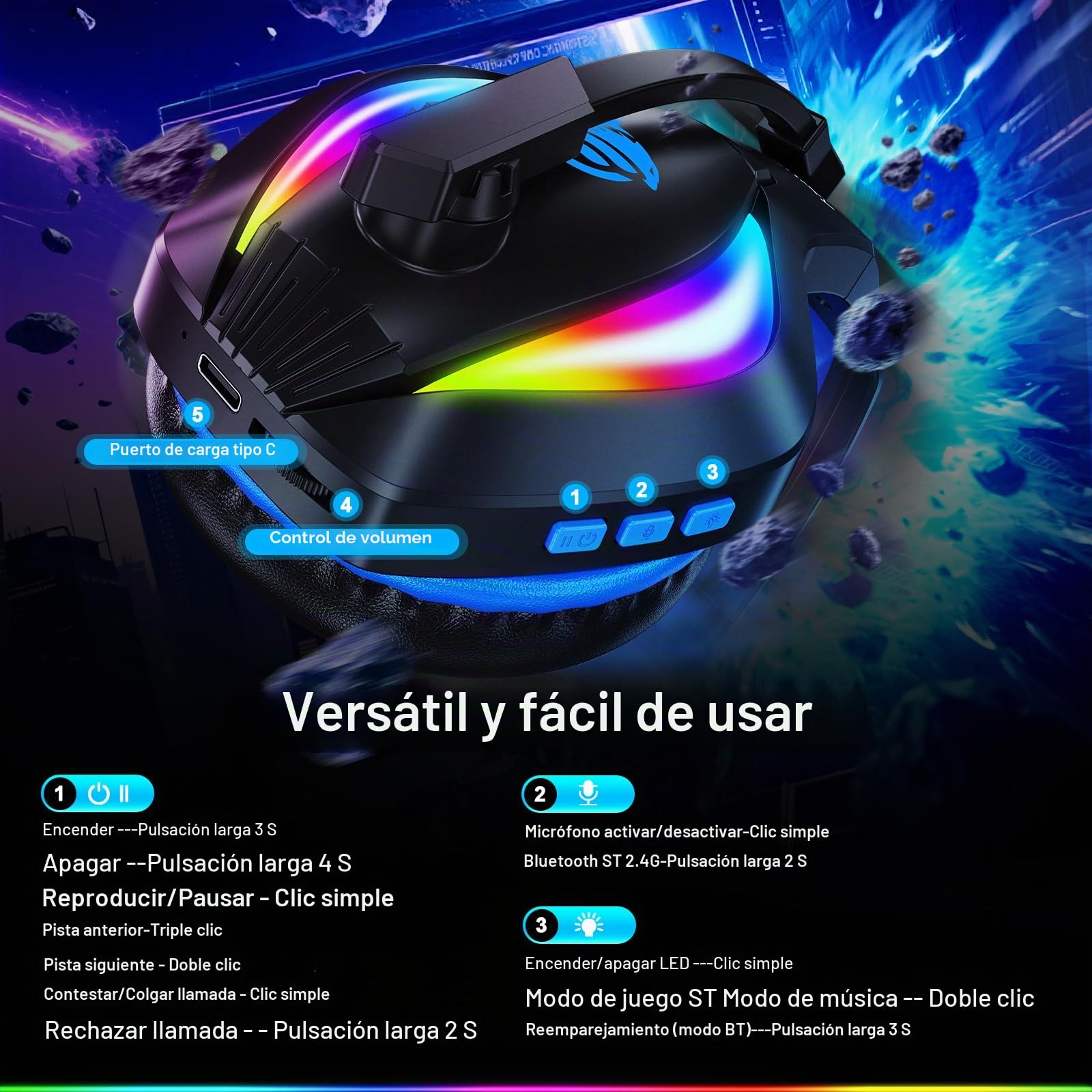 Fachixy FC100 - Auriculares inalámbricos con micrófono, 2,4 G, para PS5, PS4, PC, Switch, Mac, Sonido Envolvente, Bluetooth, Auriculares inalámbricos con luz LED, más de 50 Horas de duración de la