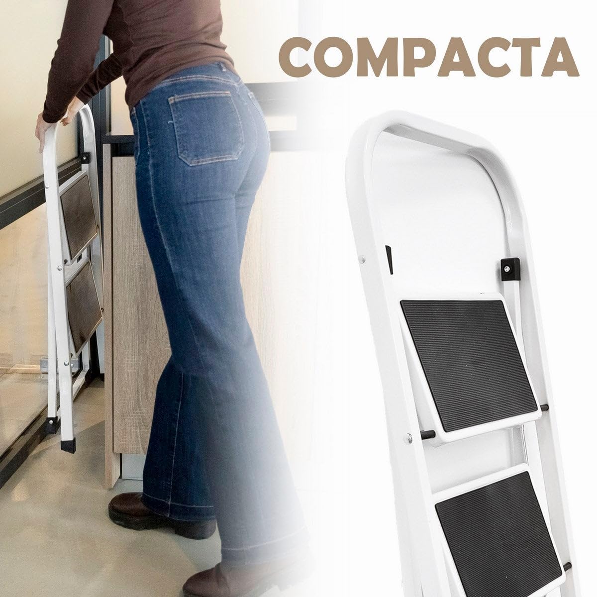 LOLAhome - Escalera Plegable de 2 peldaños Antideslizantes en Acero Blanco de 82 cm. Diseño Seguro y Ligero con asa, soporta 150 kg. Alcanza altillos o cuelga Cortinas fácilmente.