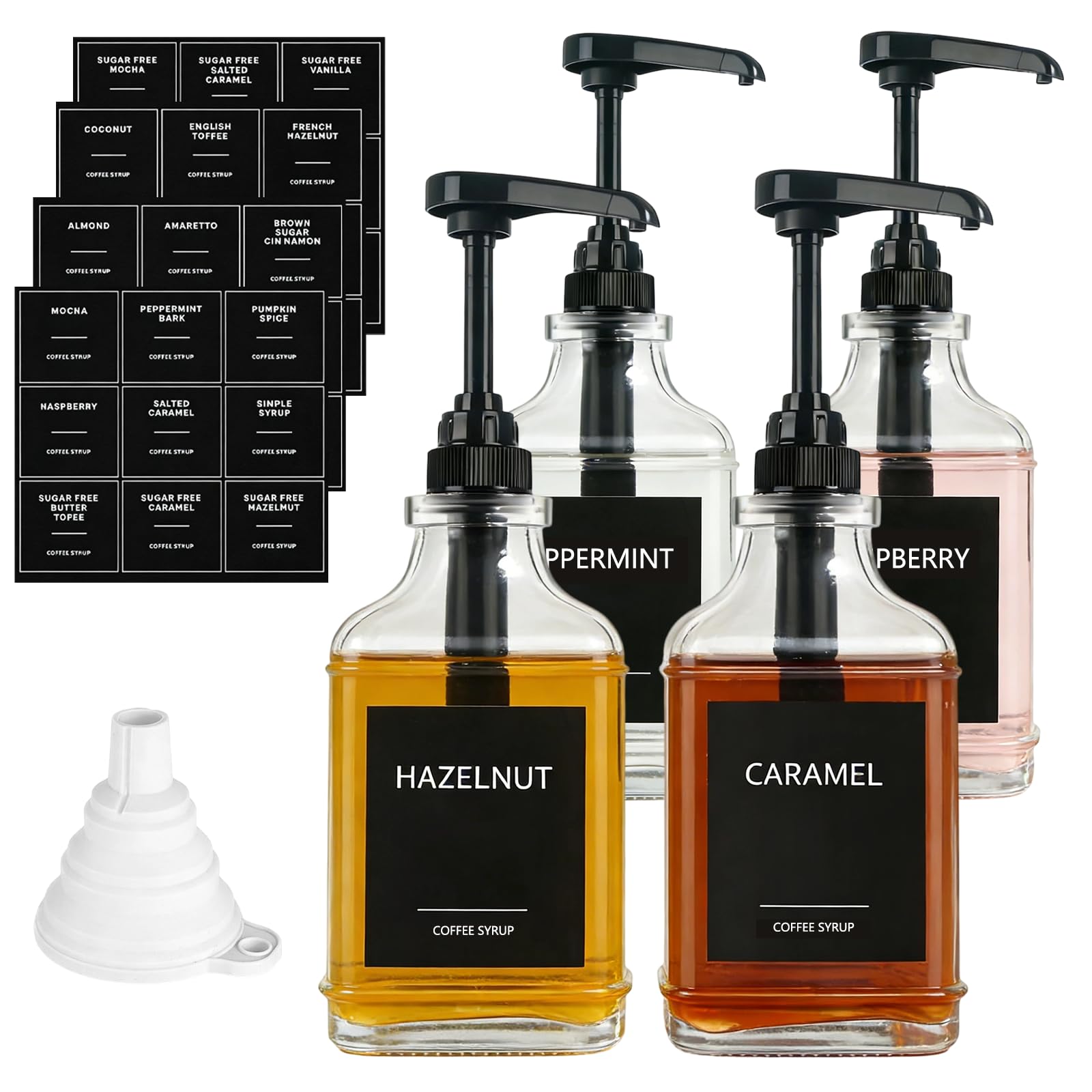 Syrup Dispenser, Coffee Syrup Dispenser, 17 oz/500ml Glass Dispenser with Elegant Pumps, Labels & Funnel, Modern Coffee Station Accessories for Cafe Bar & Kitchen (Black - 4 Pack)