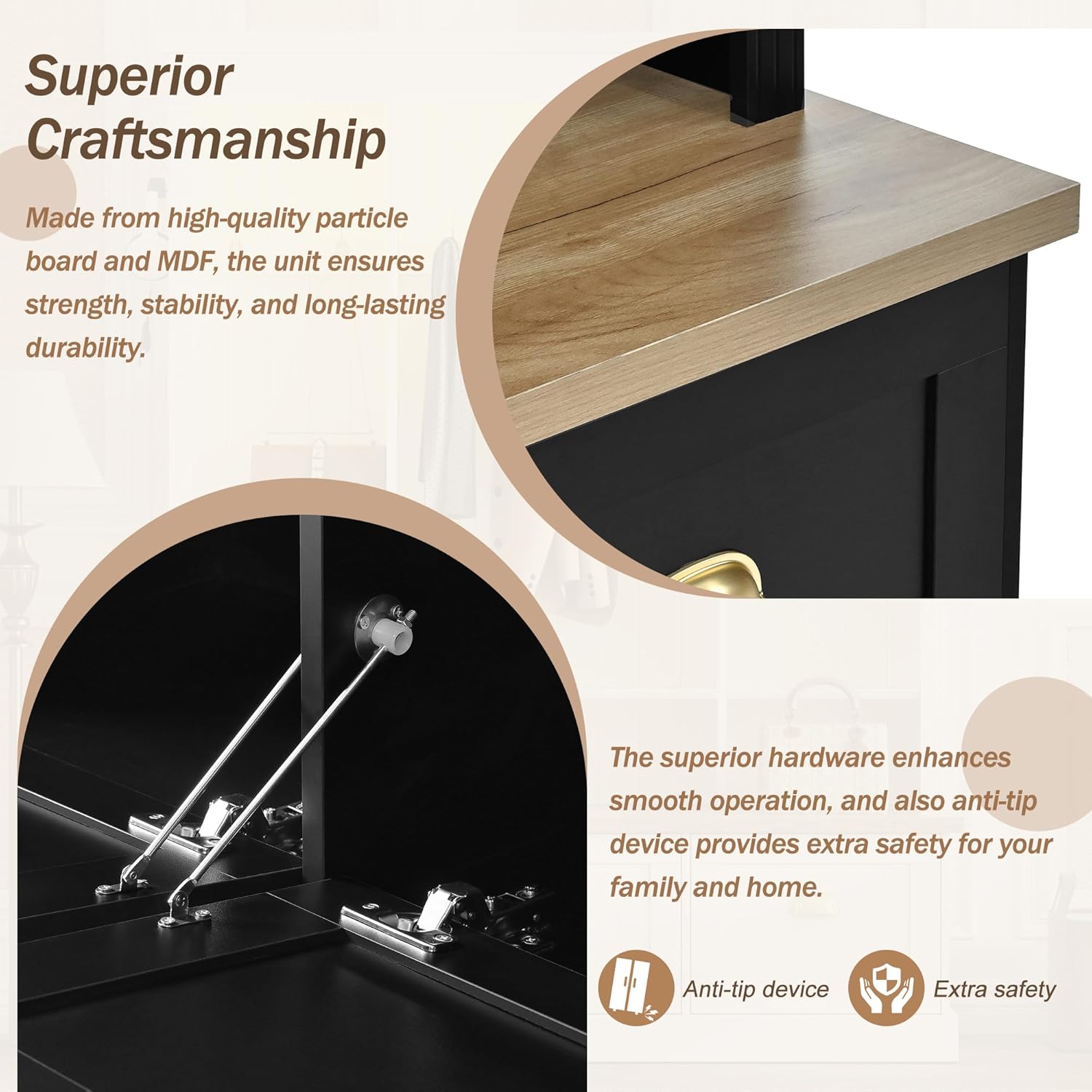 Merax Hall Tree with Bench with LED, 9 Hooks & 3 Cabinets, Farmhouse Entryway Storage Organizer with Rack, Hall Tree with Bench and Storage, Black