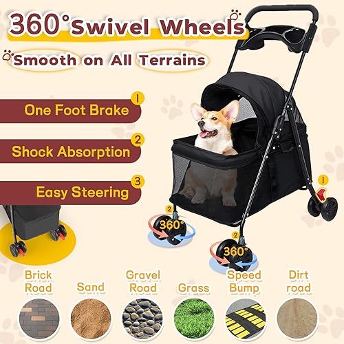 Miniatura 4 de Cochecito para mascotas de 4 ruedas para perros pequeños y medianos con transportador extraíble y desmontable, plegable, impermeable, con malla