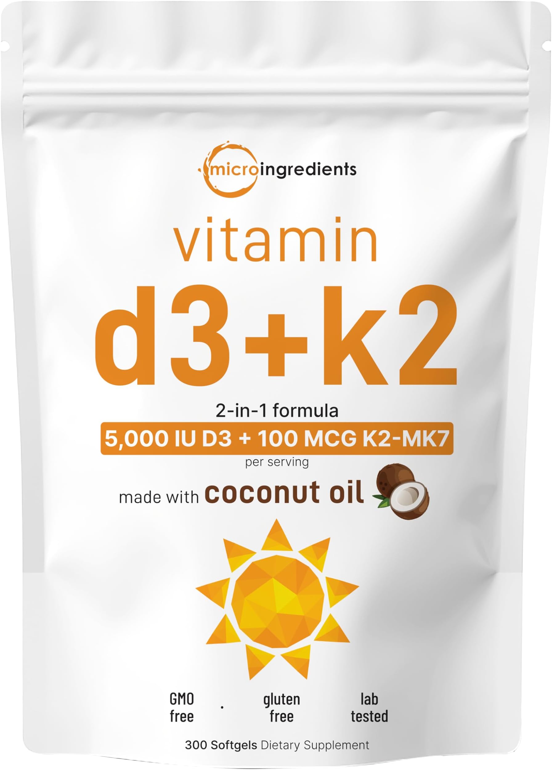 Micro Ingredients Vitamin D3 5,000 IU + K2 MK-7 100 mcg, 300 Softgels | Virgin Coconut Oil | 2-in-1 Bone, Immune & Heart Support | Easy to Swallow, Non-GMO