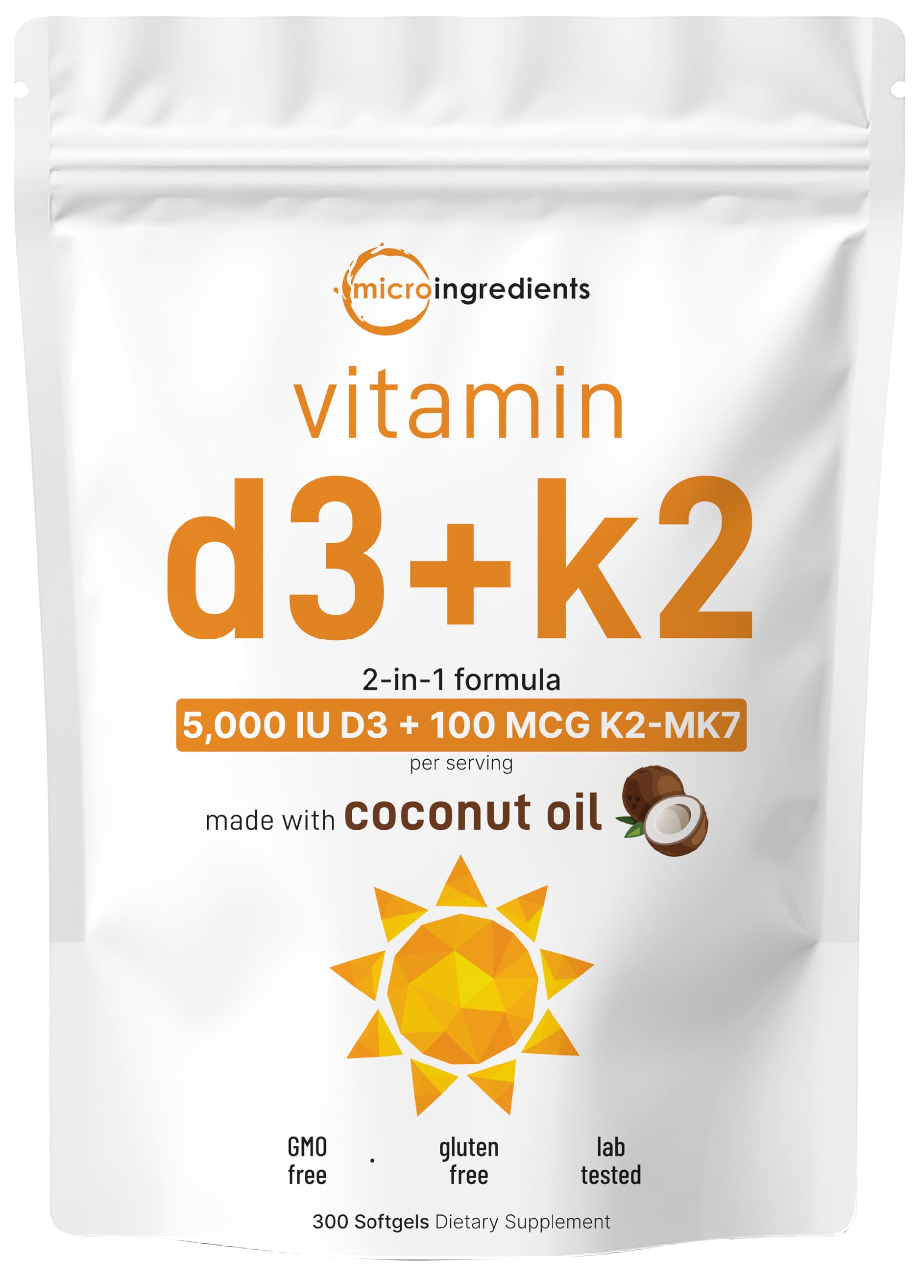Micro Ingredients Vitamin D3 5,000 IU + K2 MK-7 100 mcg, 300 Softgels | Virgin Coconut Oil | 2-in-1 Bone, Immune & Heart Support | Easy to Swallow, Non-GMO