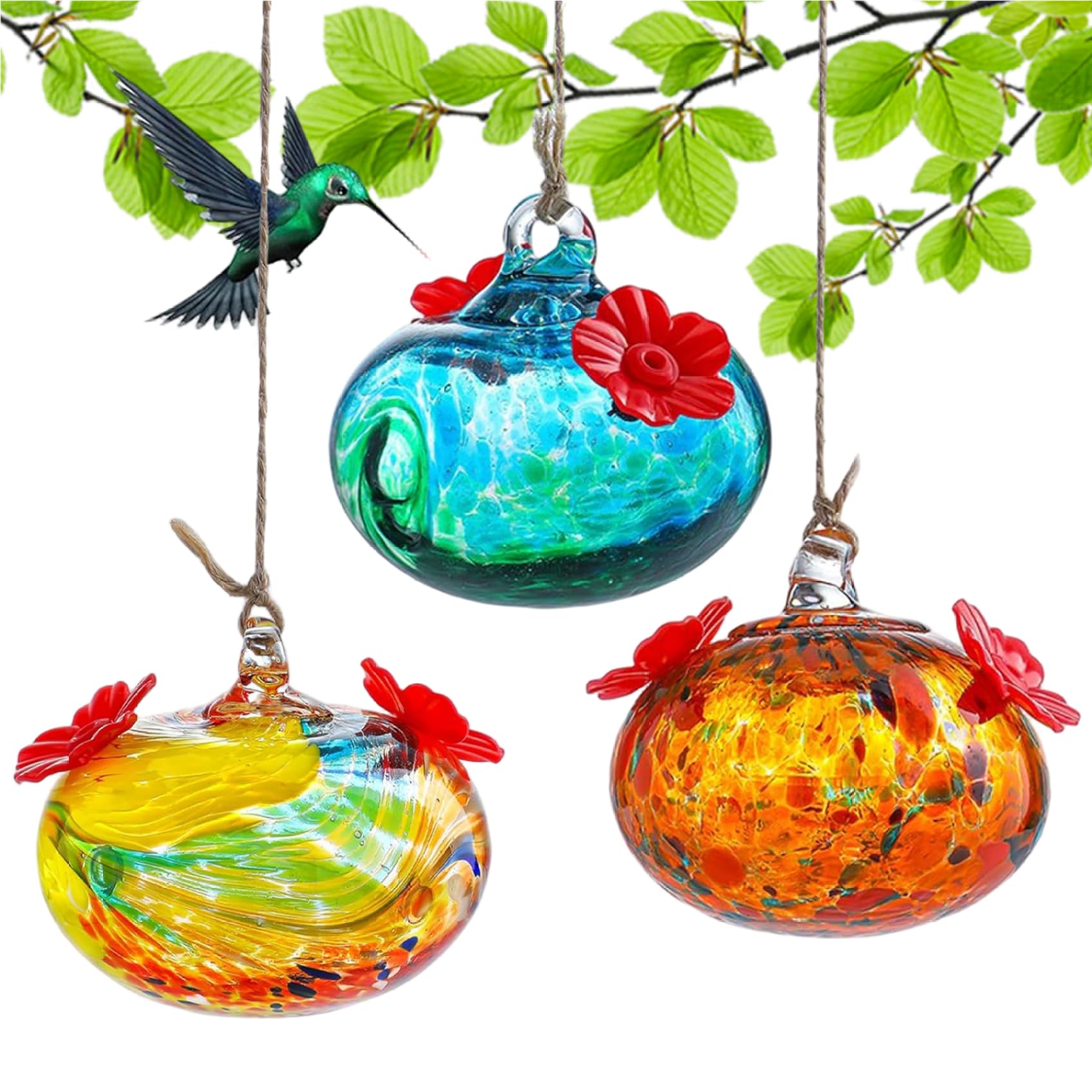 Mangeoire à oiseaux en verre soufflé lot de 3 avec ficelle suspendue jardin