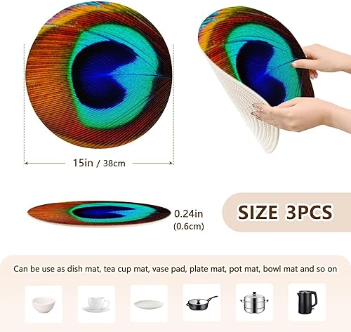Miniatura 2 de 3 Pcs Trivet Hot Plate for Hot Pots and Pans 15in Cotton Thread Weave Absorb Water Pot Holder for Stove Protecting Table Abstract Macro Peacock Bird