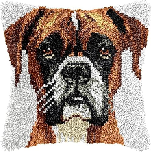 Ansiweigo Multicoloured Animal Dog Diy Latch Hook Kits,Cute Boxer Dog,Latch Hook Pillow Case Kits Embroidery Kits Carpet Set,Diy Craft Handmade Gifts Kits,17X17 Inches
