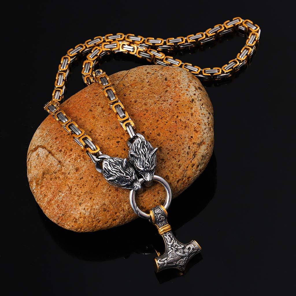 Viking Necklace King Chain with Thor Hammer Mjölnir Wolf Head Pendant 316L Stainless Steel Amulet Jewellery Gift(7 Color 3 Size)